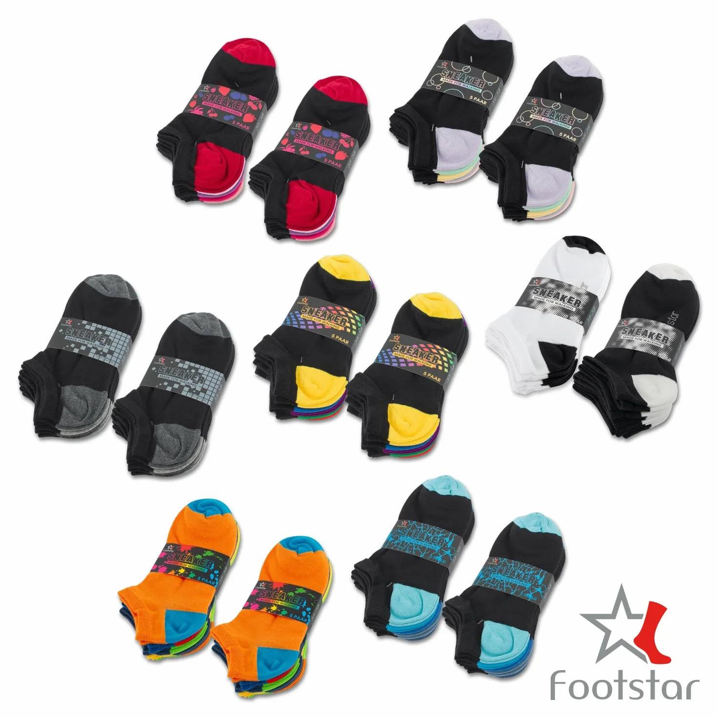 Footstar Damskie i męskie skarpety do sneakersów (10 par) z kontrastową piętą i koronką