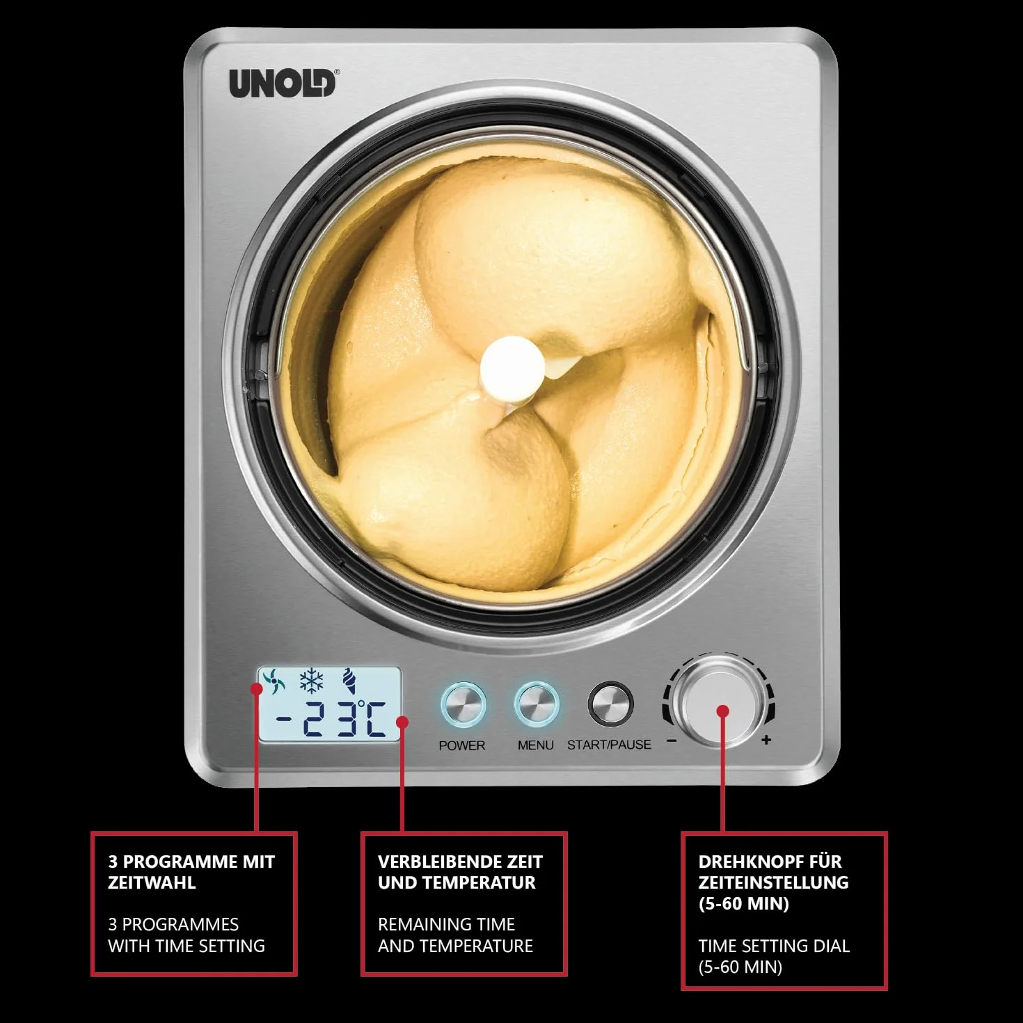 Unold 48880 Maszyna do lodów Profi Plus, 2,5 l, stal nierdzewna, w pełni automatyczna, sprężarka samochłodząca, wyświetlacz LCD, timer, również do lodów wegańskich, bezlaktozowych i zawierających stewię