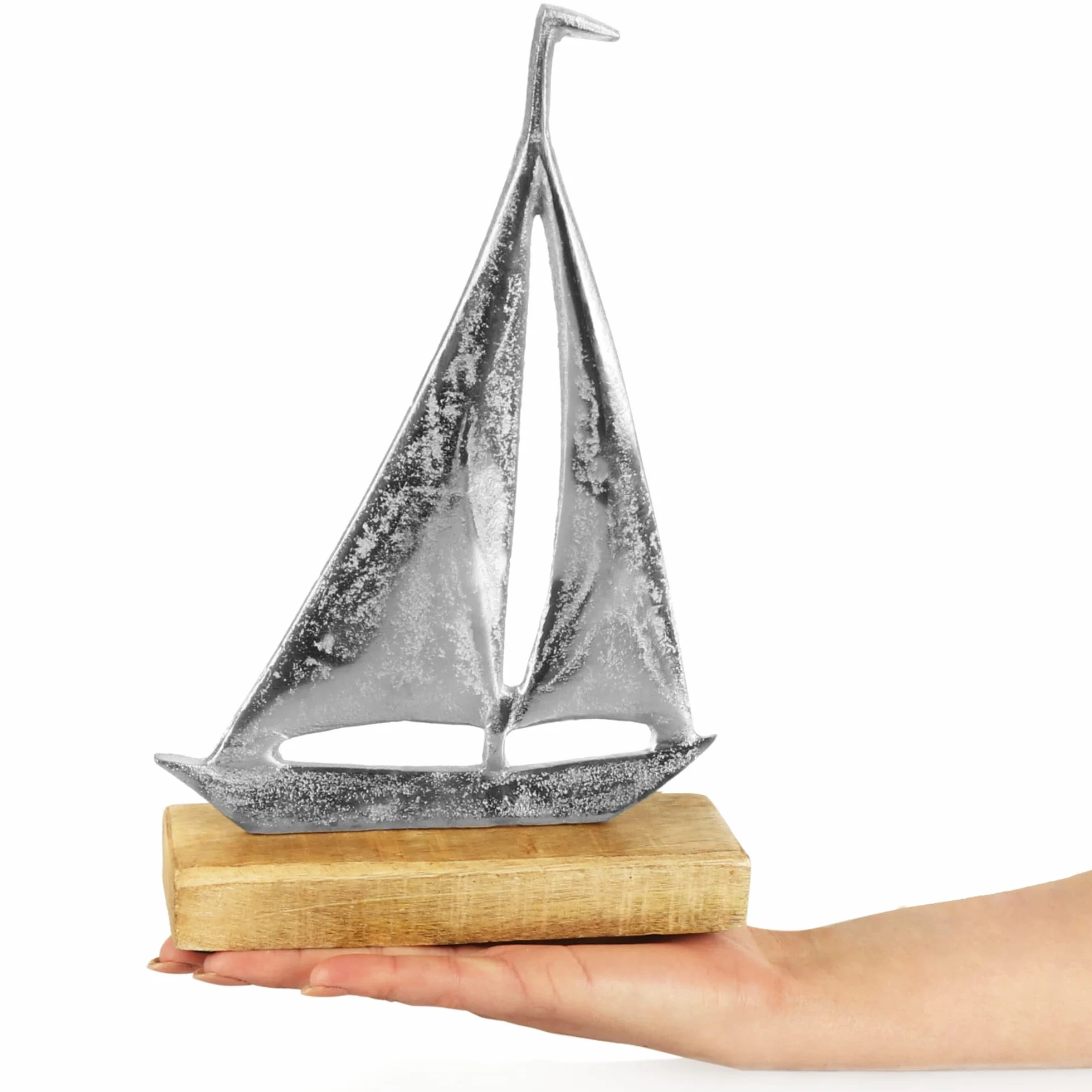 COM-FOUR® zaglowiec, zaglowiec - ekspozycja morska - statek metalowy - statek dekoracyjny wykonany z metalu i podstawa z drewna mango (01 szt. - zaglówka srednia)
