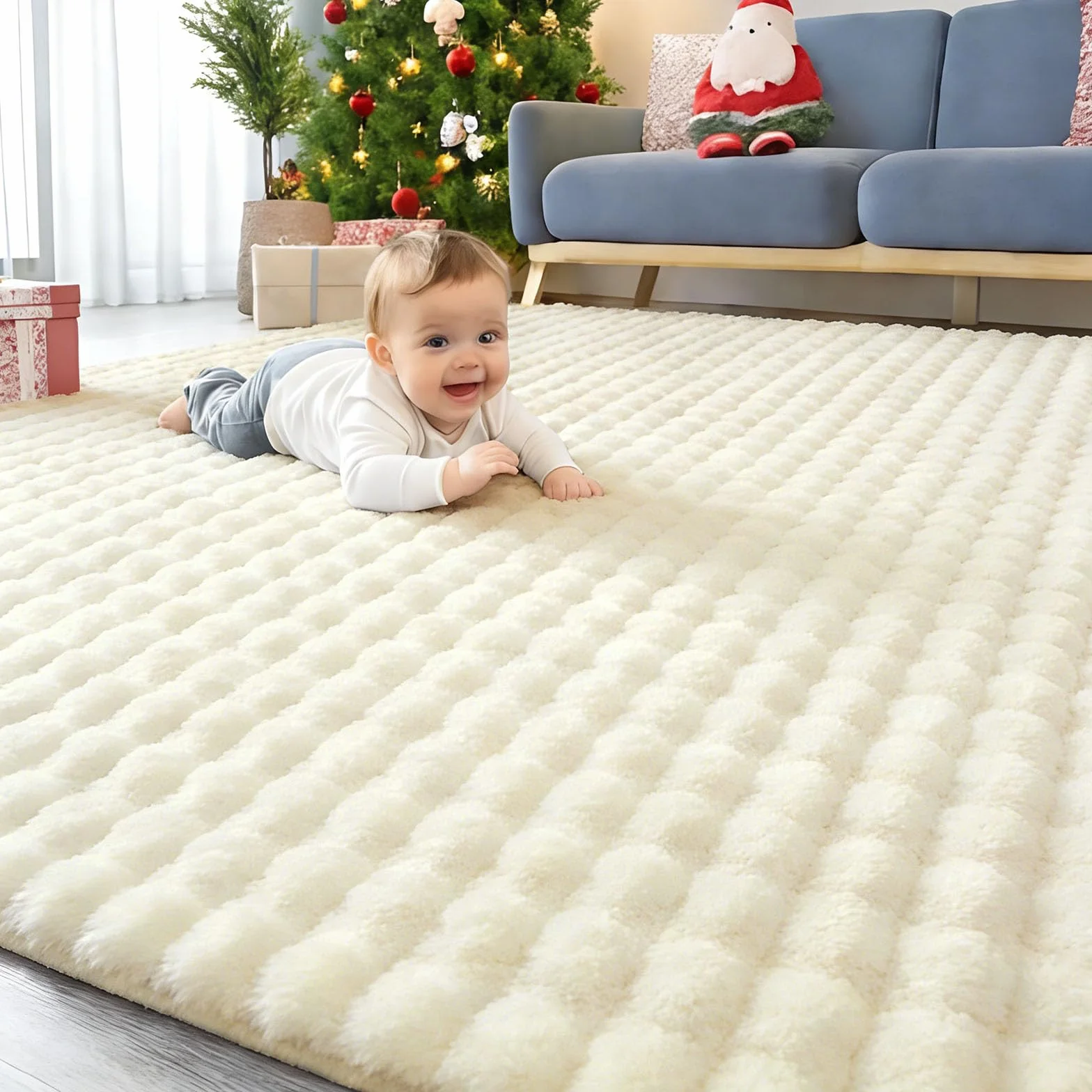 Homazy Dywan z wysokim runem 3D Bubble 140 x 200 cm kremowy antypoślizgowy