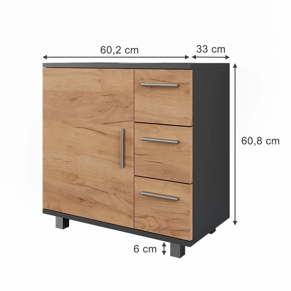 Vicco Szafka pod umywalkę "Ilias", Antracyt/złoty dąb, 60 x 60.8 cm z drzwiami i 3 szufladami