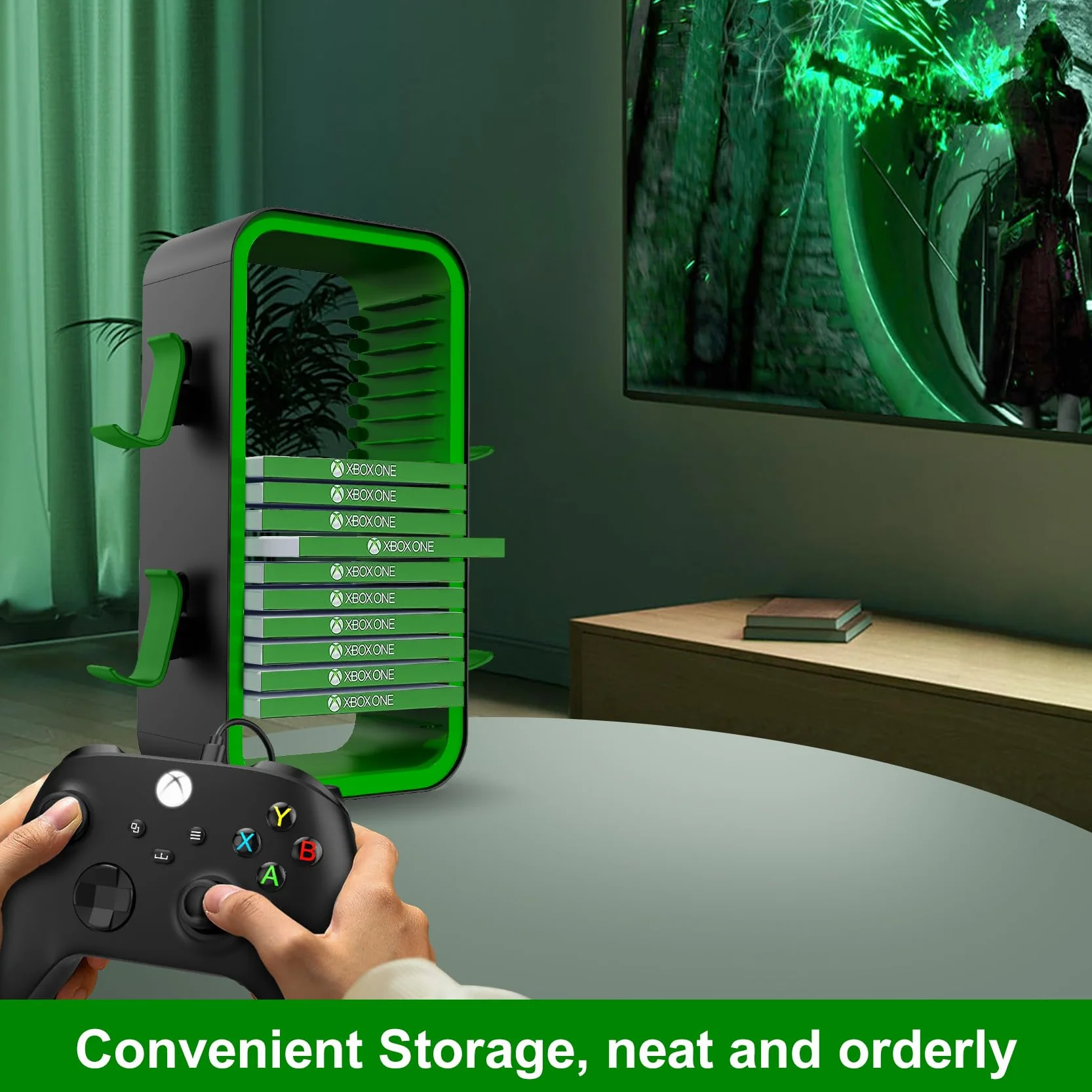Wieża do przechowywania gier na PS5/PS4/Xbox One/Xbox Series X/S/Switch etui do gier Blu-Ray, przechowywanie 18 gier, z 4 uchwytami na kontroler (zielona)