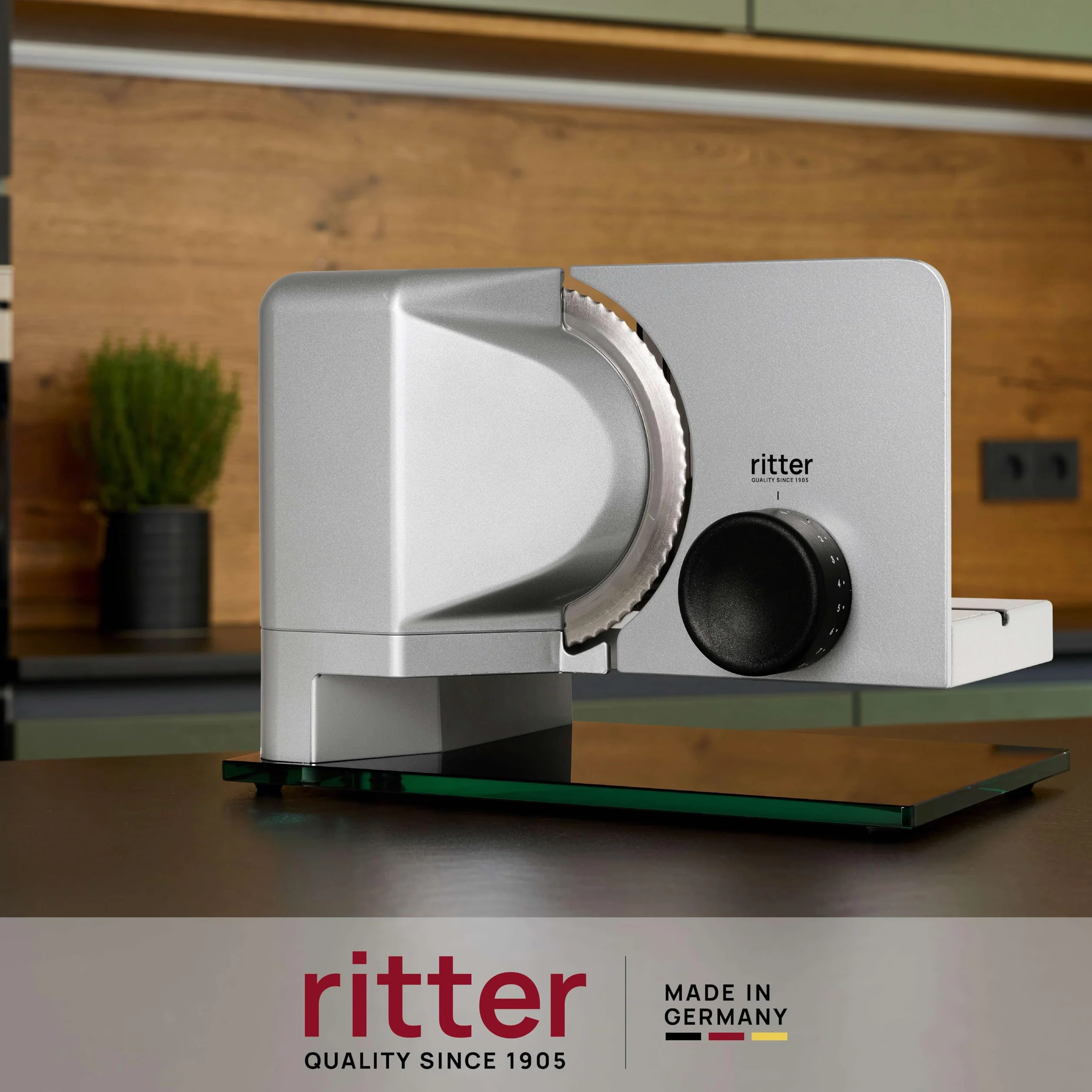 ritter sono 2 elektryczna krajalnica do chleba, wędlin i sera, wykonana z metalu, z silnikiem ECO, Made in Germany, srebrna