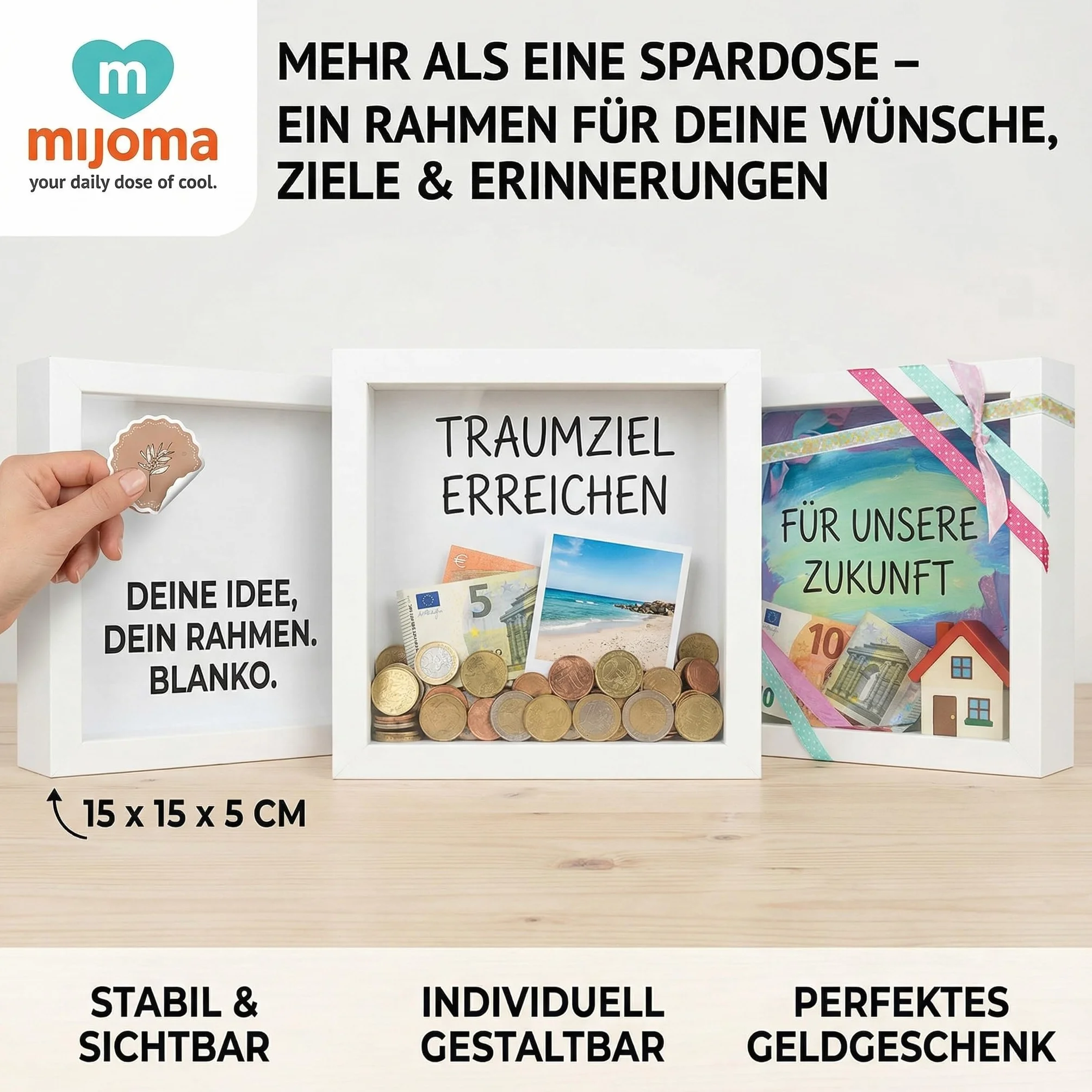 Drewniana skarbonka z szklanym frontem 15x15x5 cm dekoracyjna ramka oszczędnościowa