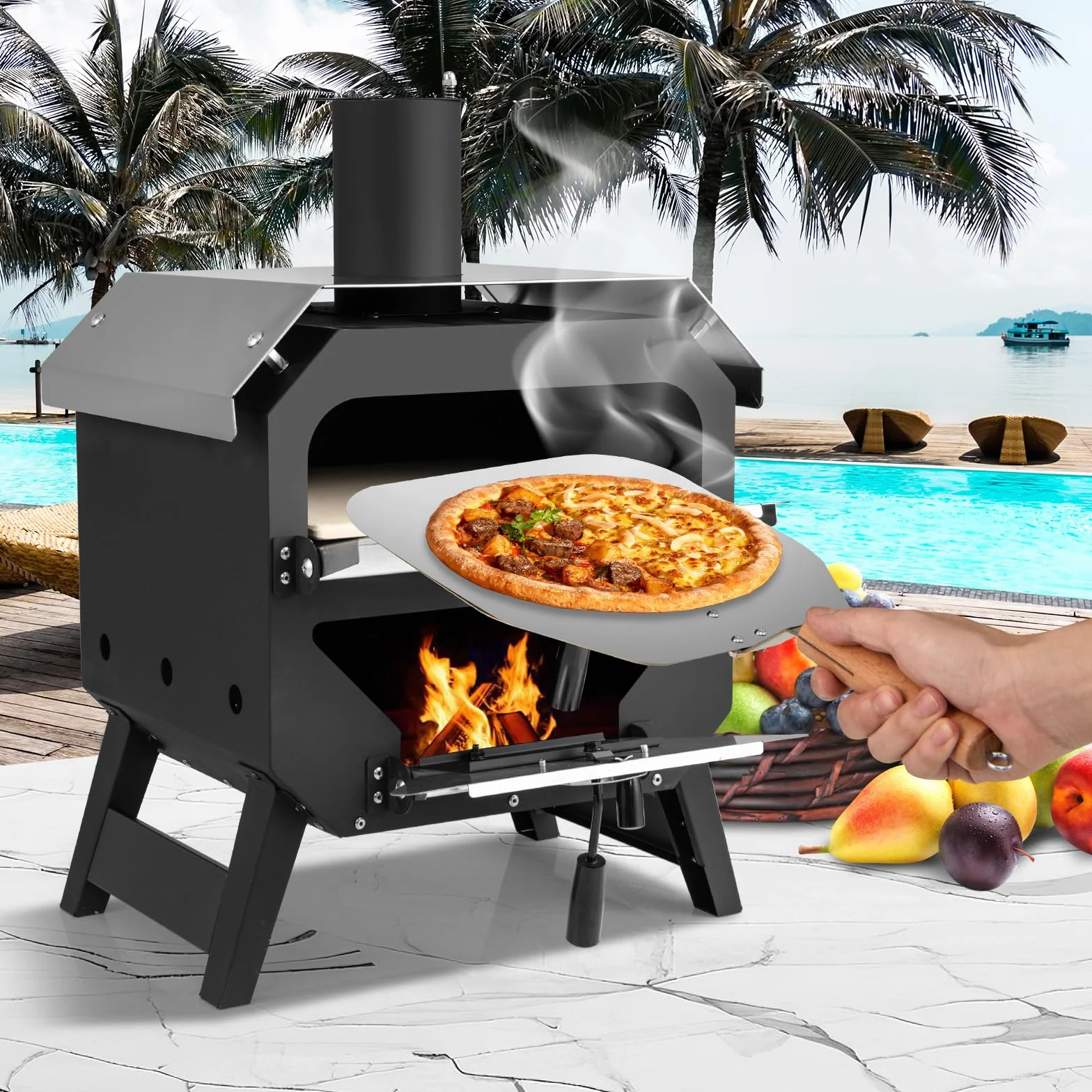 KOMFOTTEU Piec do pizzy na zewnątrz, przenośny piec do pizzy z kamieniem do pizzy, łopatką do pizzy i pokrowcem z tkaniny Oxford, piec na drewno ze stali nierdzewnej z uchwytami, piec do pizzy do