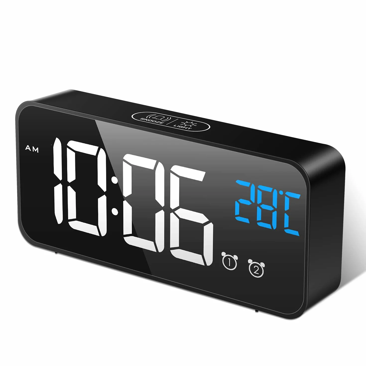 MOSUO Cyfrowy budzik LED z lustrem sterowanie głosowe temperatura USB 2 czasy budzenia drzemka regulowana jasność głośność czarny