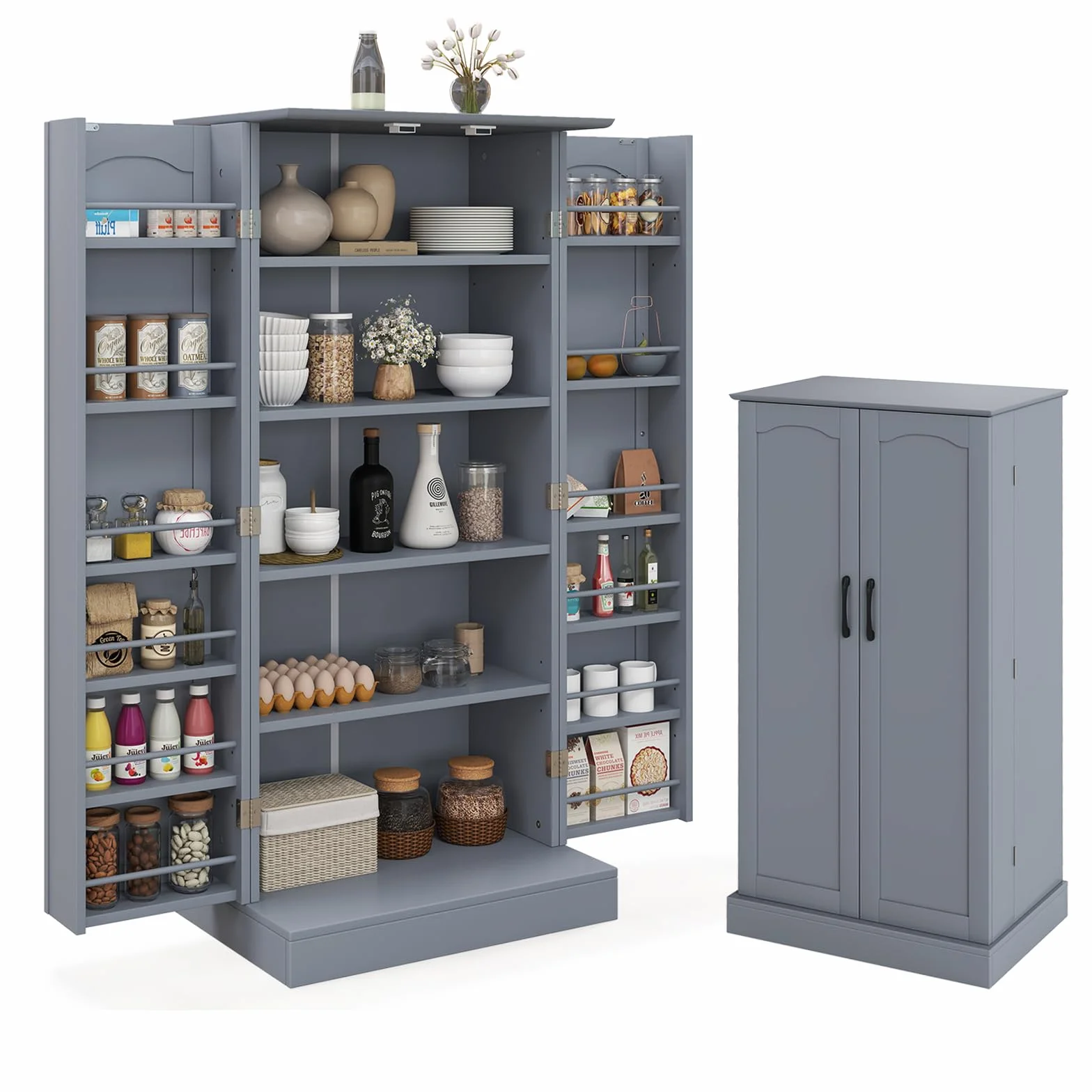 KOMFOTTEU Szafka na smakołyki, szafka do przechowywania, wiele regulowanych półek, kredens kuchenny, podwójna szafka do przechowywania, do salonu, jadalni, 60 x 40 x 120 cm (szara)