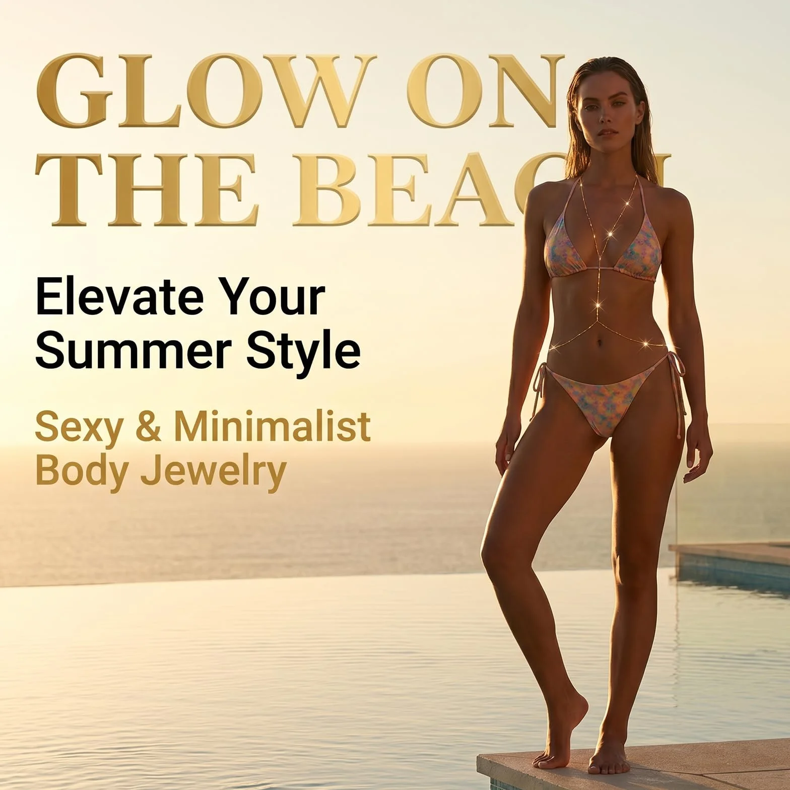 Gold Plated Body Chain for Women, Adjustable Rhinestone Layered Belly & Waist Chain, Sexy Back Jewelry for Beach Vacation