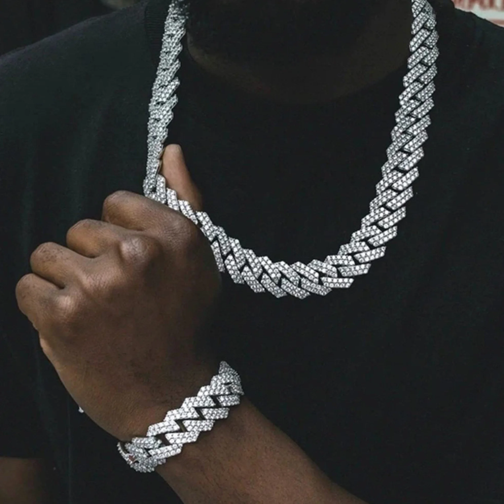 KRFY Cuban łańcuszek dla mężczyzn 13 mm, Iced Out Miami, kubański łańcuszek ogniwowy, złoty, posrebrzany, łańcuszek kubański, łańcuszek z diamentami, biżuteria Bling Bling Hip Hop