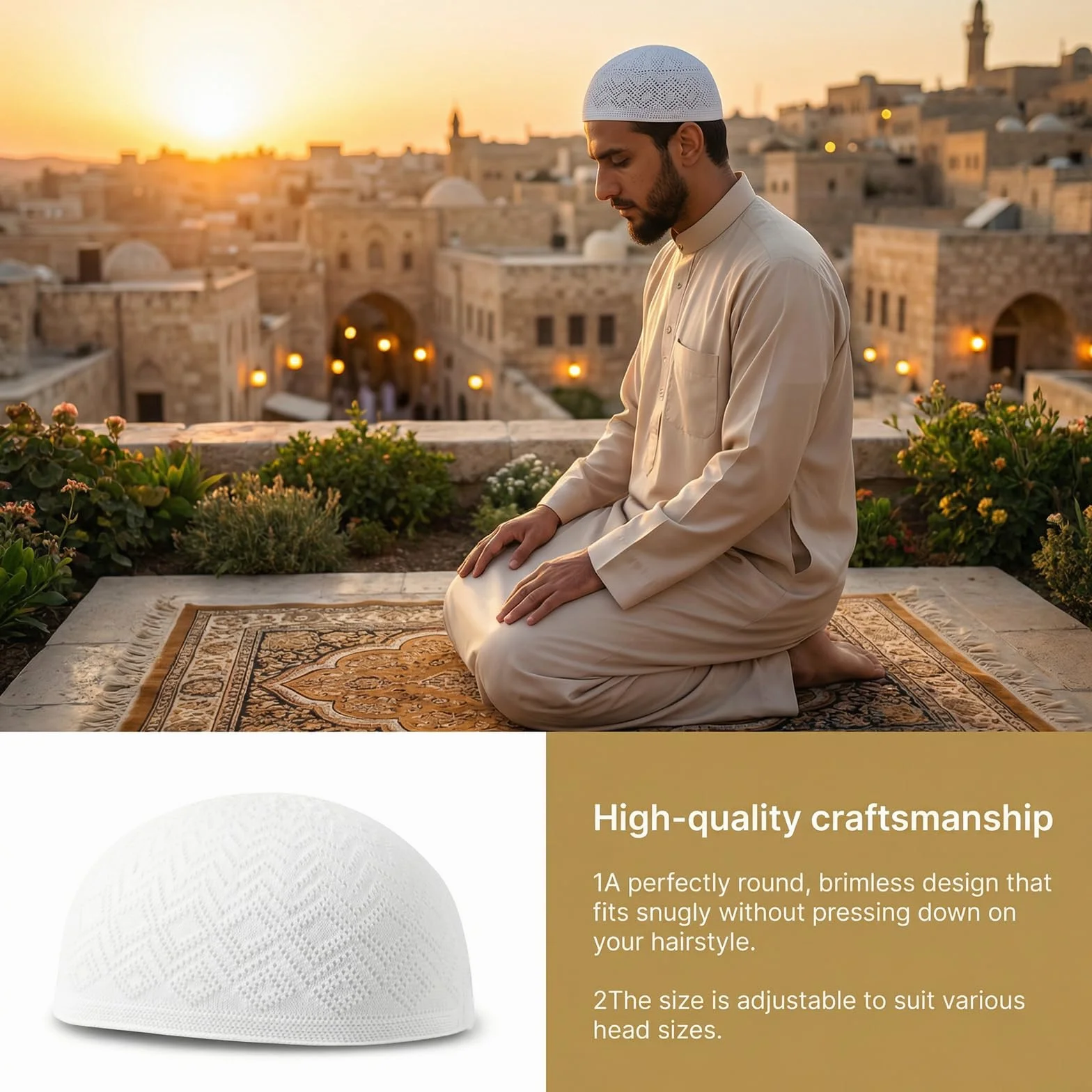 Muzułmańska czapka męska Kufi 3 sztuki bawełna biała obwód głowy 55-59 cm taqiyah Kufi Cap kwadratowy wzór lekka oddychająca