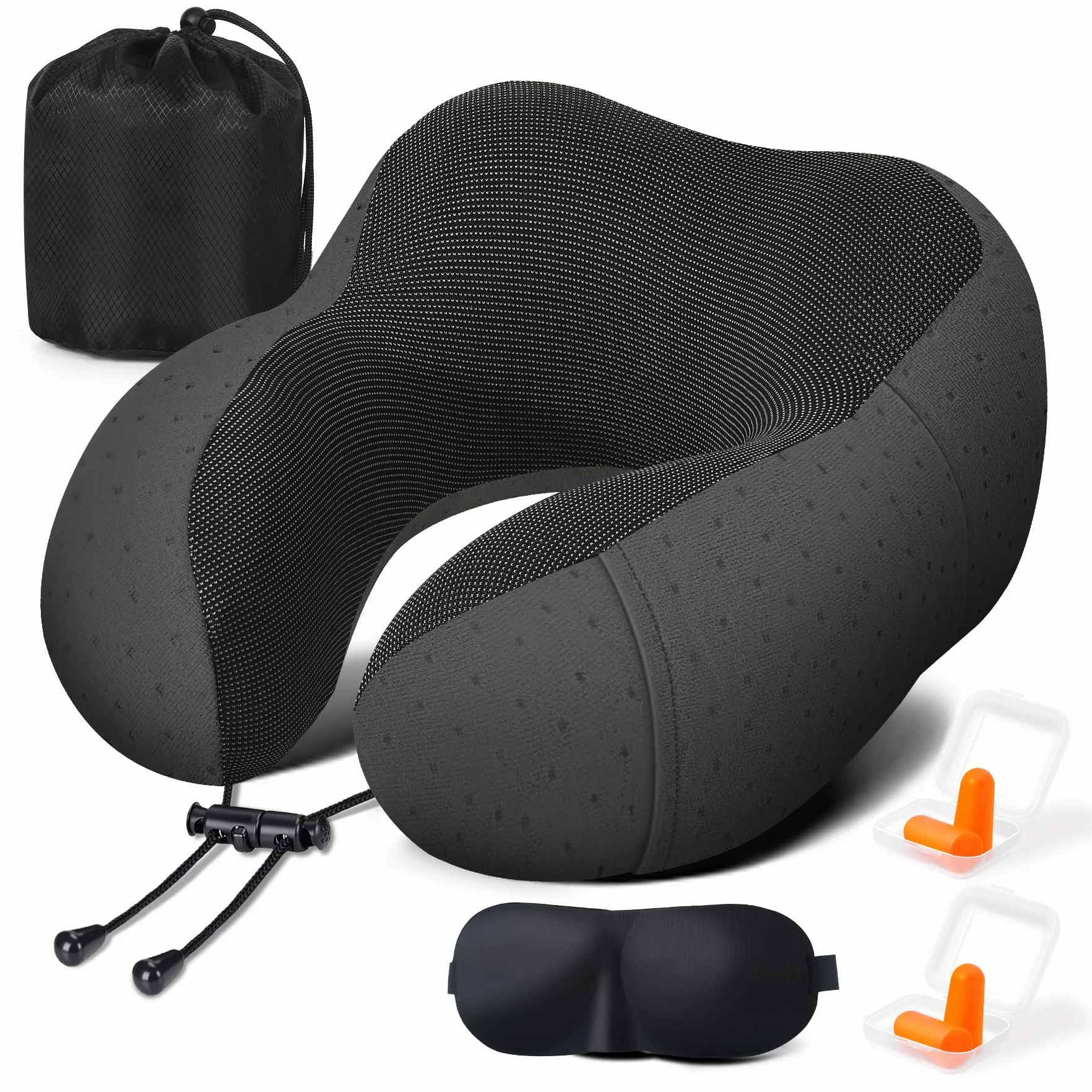Poduszka podróżna na kark, poduszka podróżna z pianką z pamięcią kształtu, poduszka podróżna z maską do spania 3D, torba, zatyczki do uszu, aksamitnie miękka poszewka na podróż, do samochodu