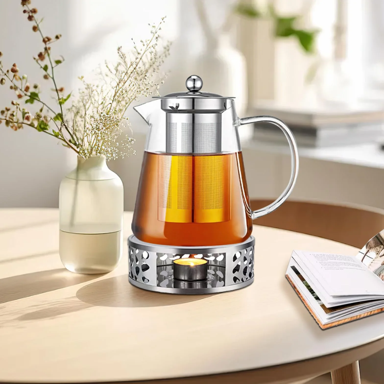 Dzbanek do herbaty 1300 ml, szklany z sitkiem i podgrzewaczem, podgrzewacz ze stali nierdzewnej, szkło borokrzemowe, zaparzacz do herbaty, dzbanek do herbaty sypkiej, herbaty owocowej