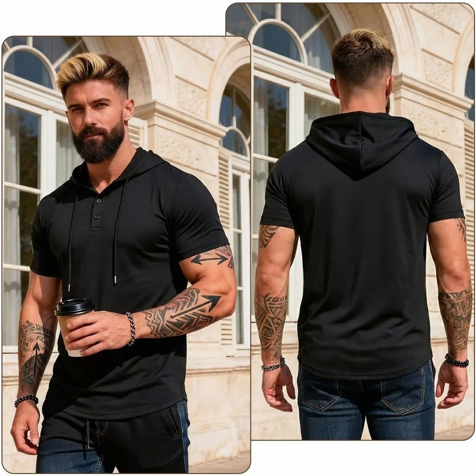 Męska bluza z kapturem z krótkim rękawem, sportowa bluza z kapturem z krótkim rękawem, oddychająca bluza z kapturem, koszula letnia, sportowa podkoszule, bluza z kapturem, na trening, siłownię