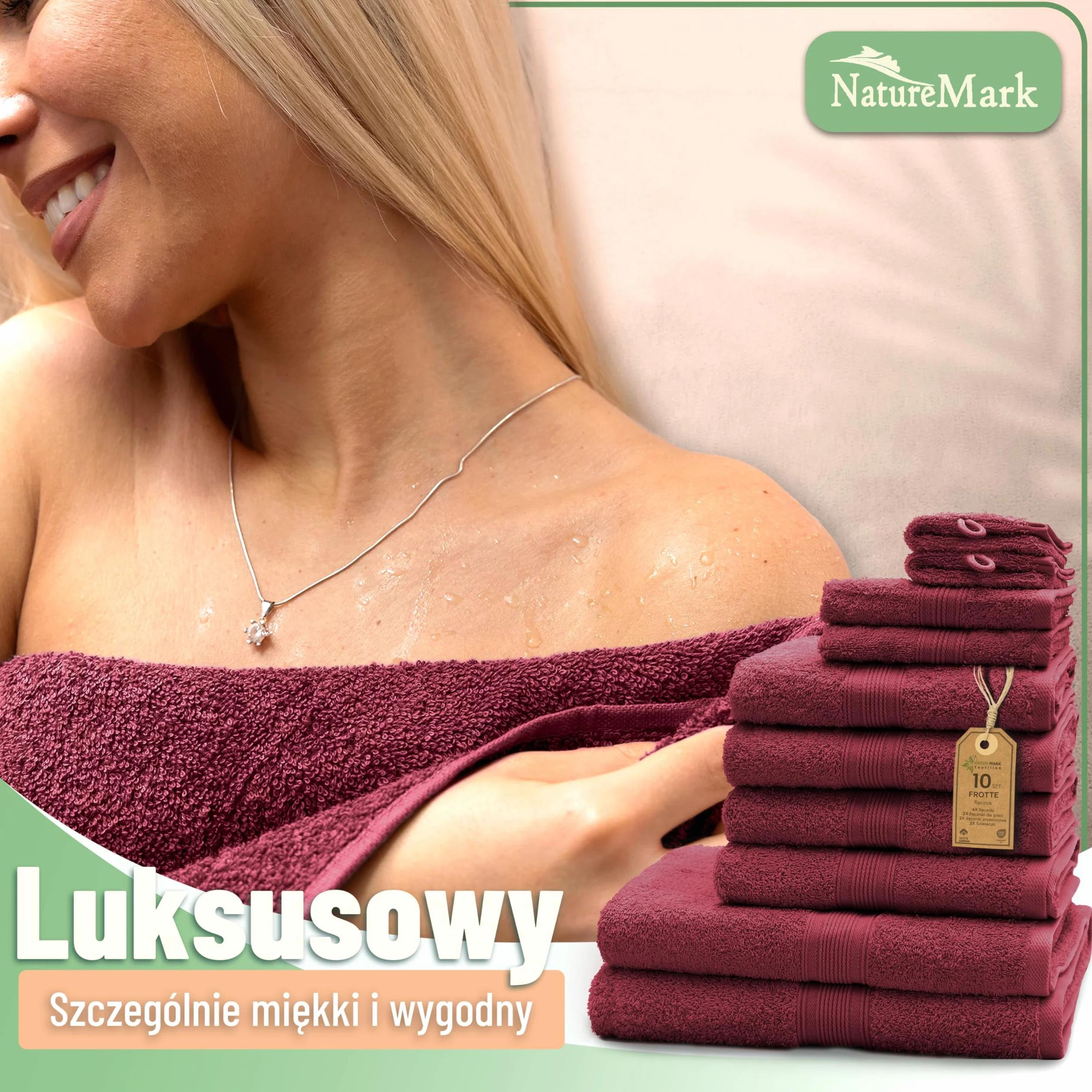 GREEN MARK 10-częściowy zestaw ręczników z 100% bawełny – 4 ręczniki 50×100 cm, 2 ręczniki kąpielowe 70×140 cm, 2 ręczniki gościnne 30×50 cm oraz 2 rękawice do mycia – Bordowy