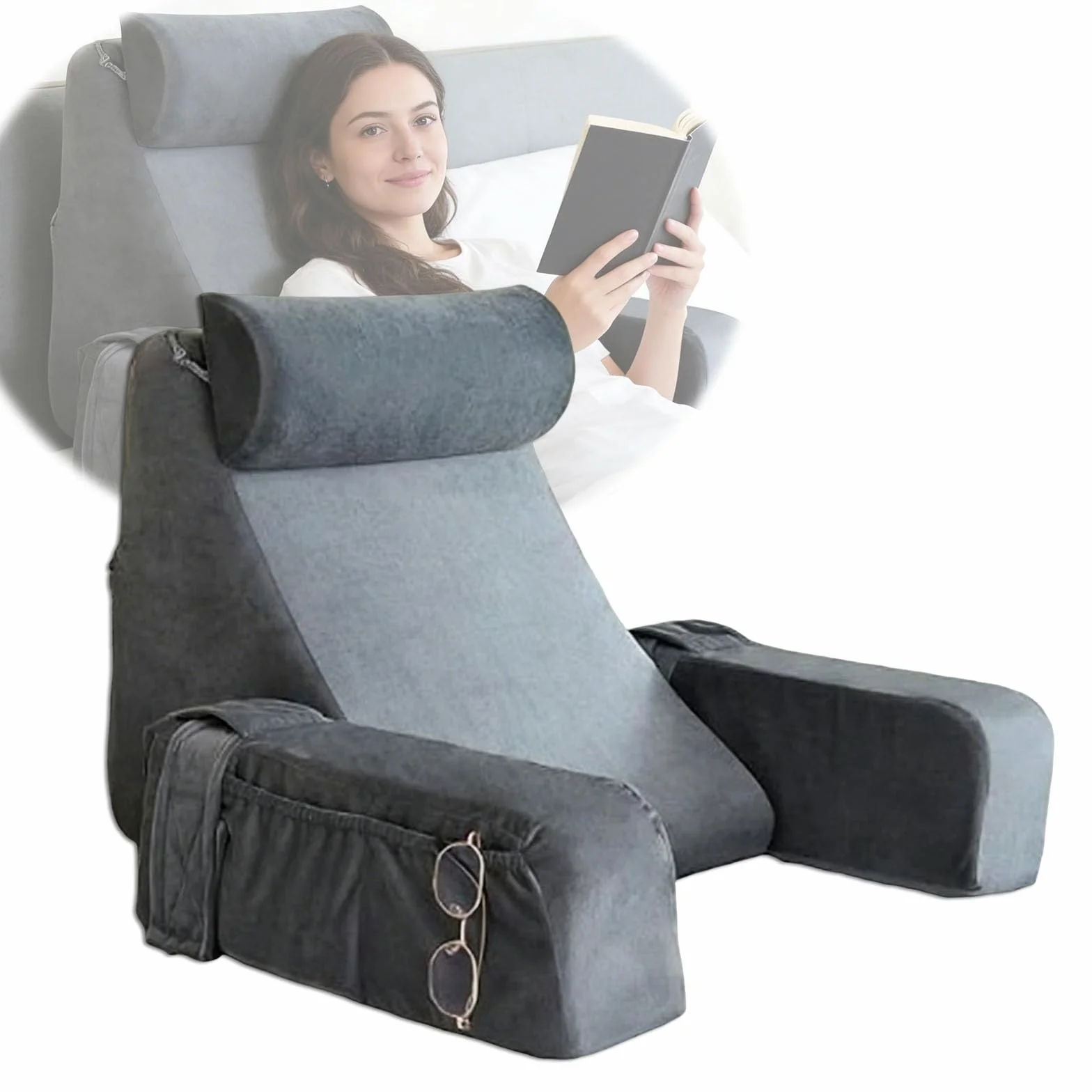 Ergonomiczna Poduszka do Czytania na Łóżko i Sofę, Szara, z Podłokietnikami i Poduszką Głowy