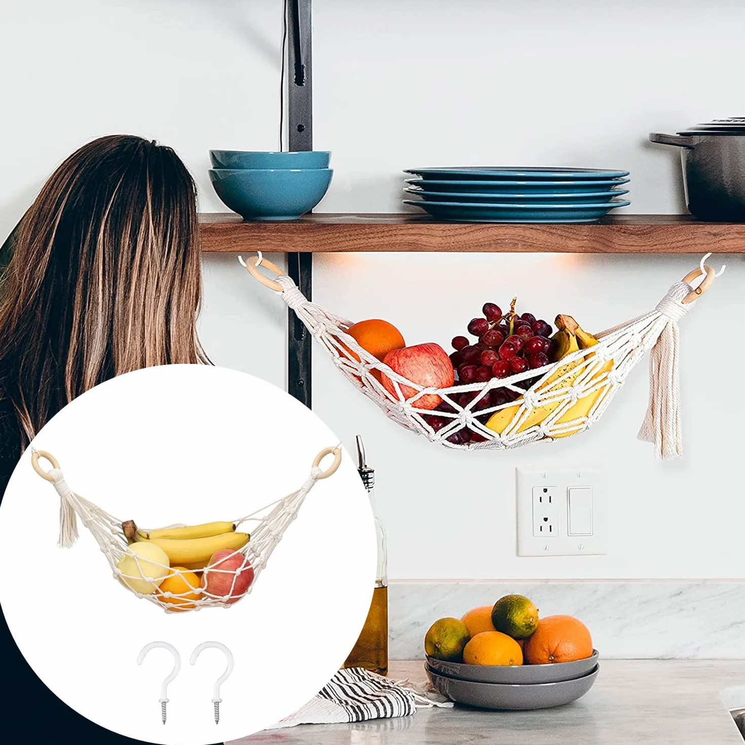 Uchwyt na owoce siatka 66 cm wiszący kosz na owoce warzywa hamak pod szafką kosz bananowy 100% bawełna ręcznie tkany z 2 haczykami śrubowymi do przechowywania w kuchni domu kamperów