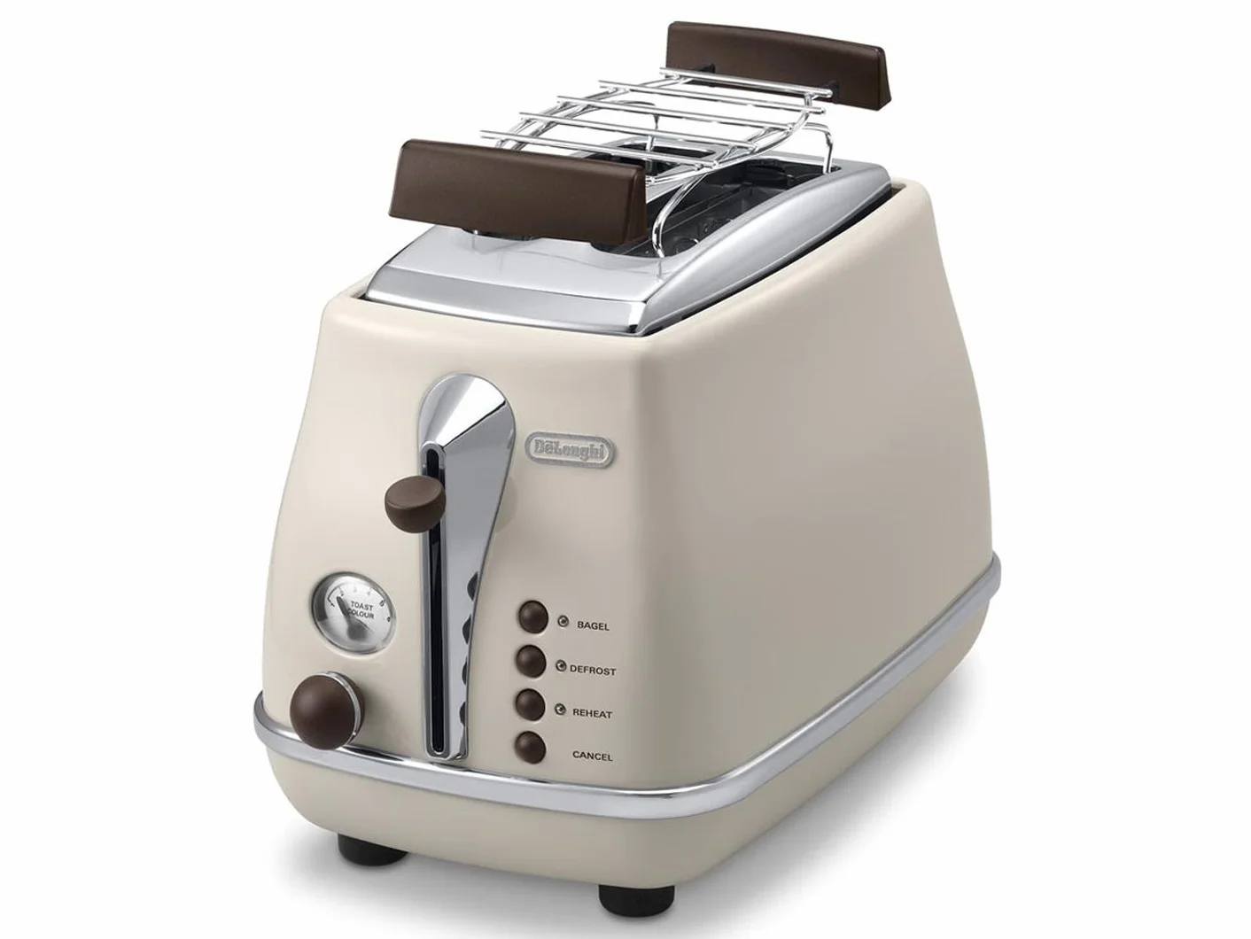 De'Longhi Icona Vintage CTOV 2103.BG toster z 2 gniazdami z nasadką do bułek, toster z 6 poziomami opiekania, funkcja rozmrażania i podgrzewania, ze stali nierdzewnej w eleganckim stylu retro, beżowy