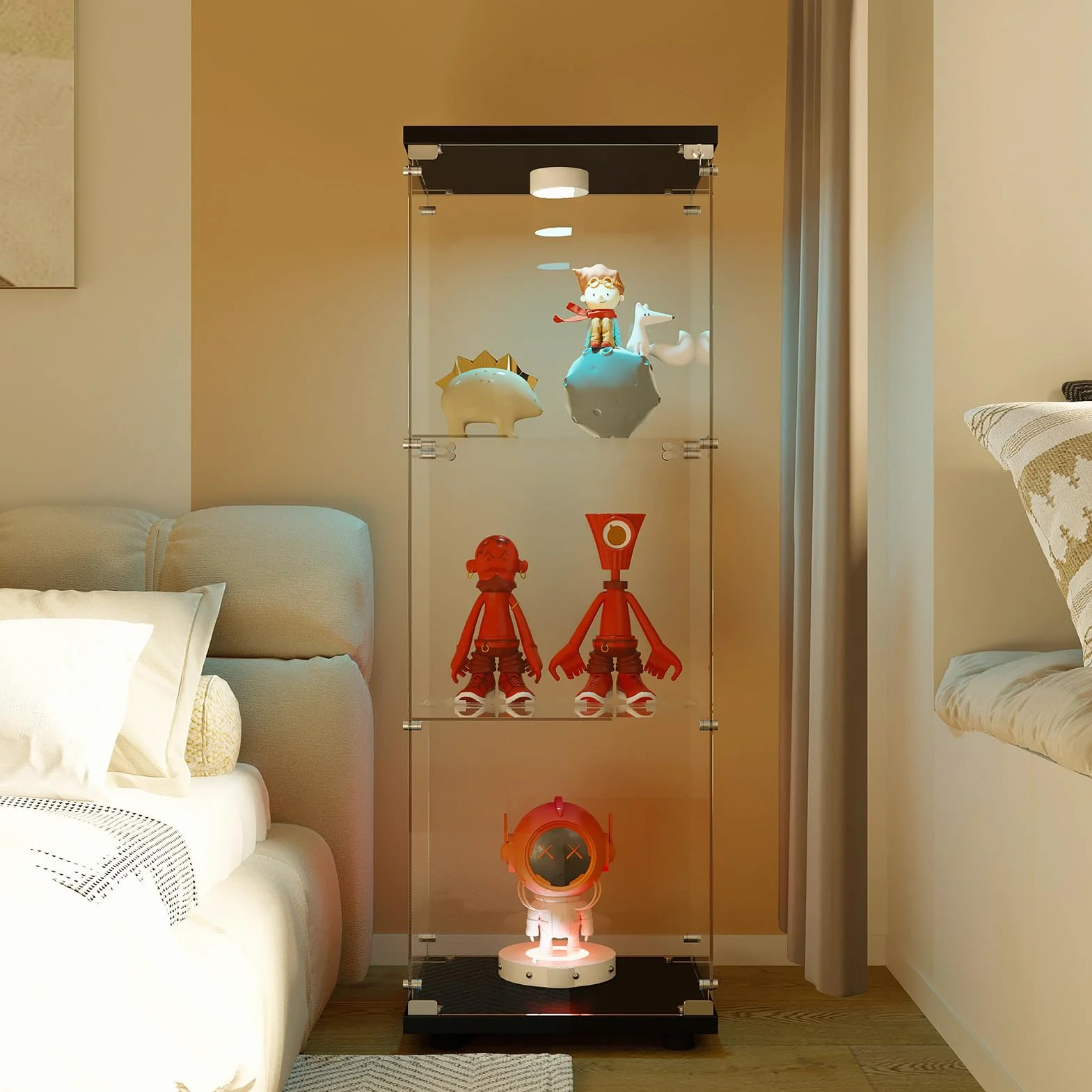 Szklana gablota z diodami LED, szklana gablota kolekcjonerska z 3 półkami, 1 drzwiami i zamkiem, nowoczesna szafka do przechowywania okien do salonu, sypialni, czarna, 36 x 42 x 125 cm