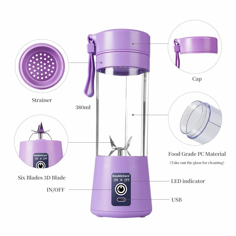 Przenośny blender USB 380 ml, sześć ostrzy, jasnofioletowy
