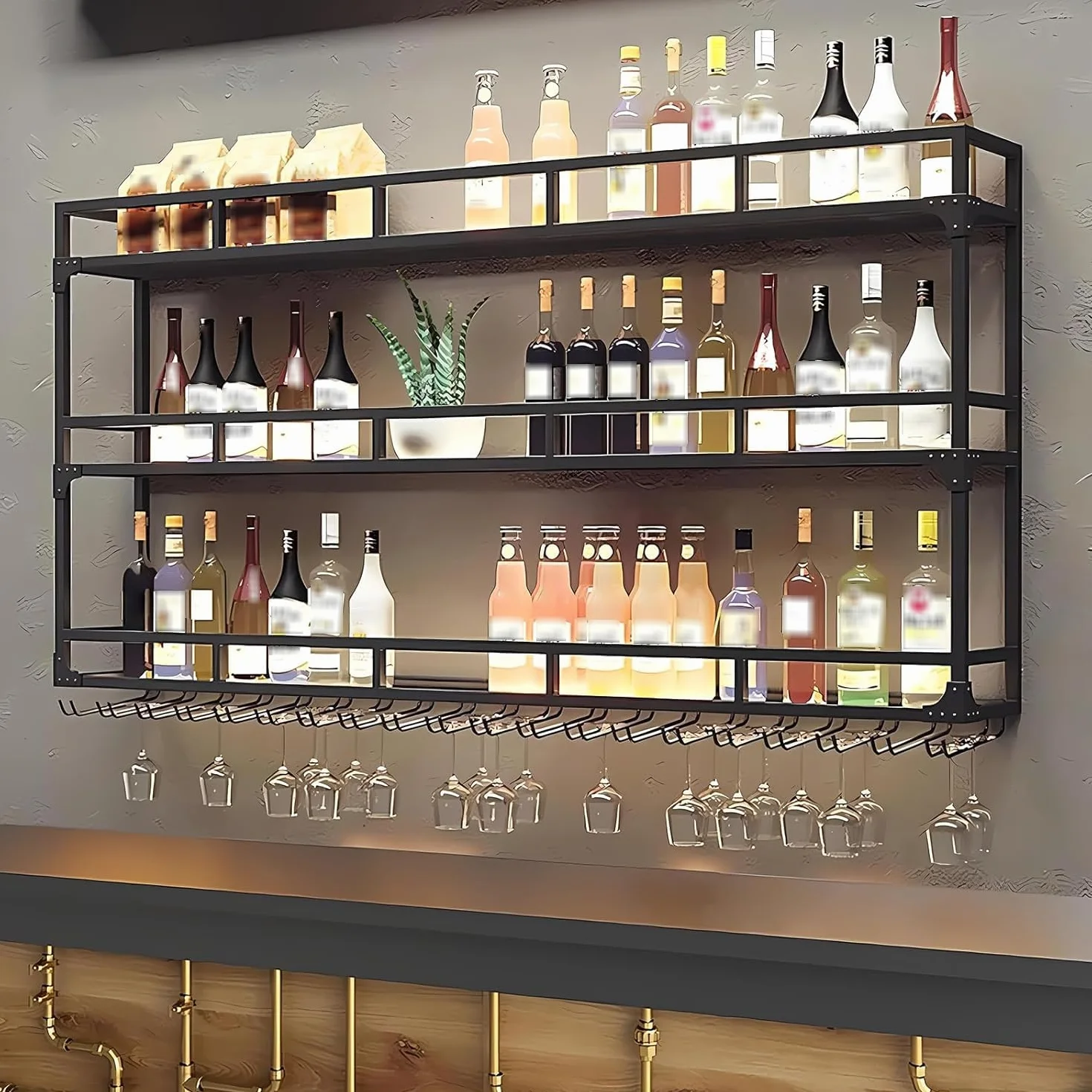 3 Poziomów Stojak na wino, Uchwyt na kieliszki do wina na ścianę, uchwyt na kieliszki, z półką przechowywania butelek, odpowiedni do baru, restauracji, kuchni (Czarny, 150cm)