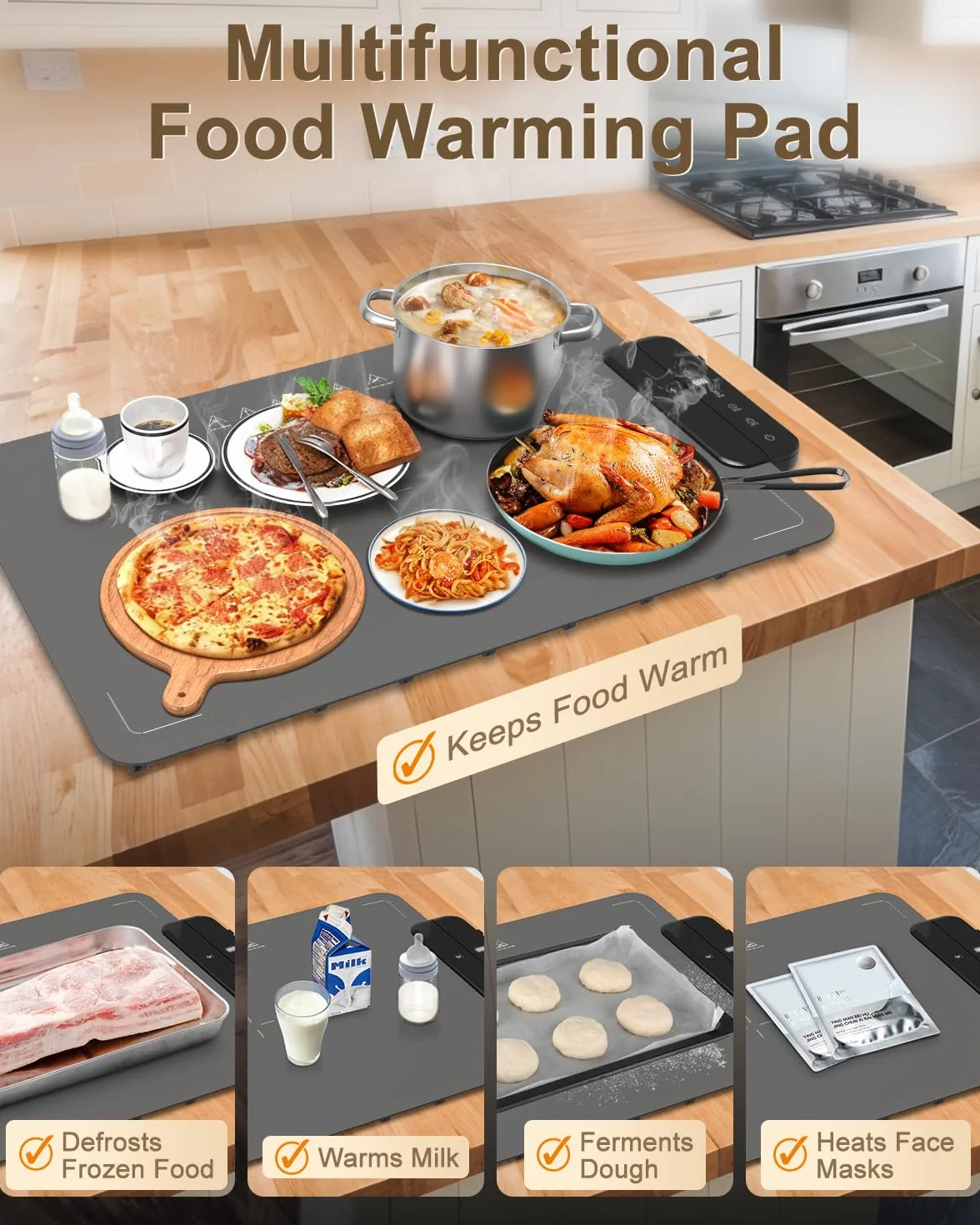 Food Warming Elektryczna płyta do podgrzewania z silikonu na potrawy | 6 stopni regulacji temperatury (40–100°C), timer i zabezpieczenie dla dzieci | Przenośna mata grzewcza do bufetu, imprezy