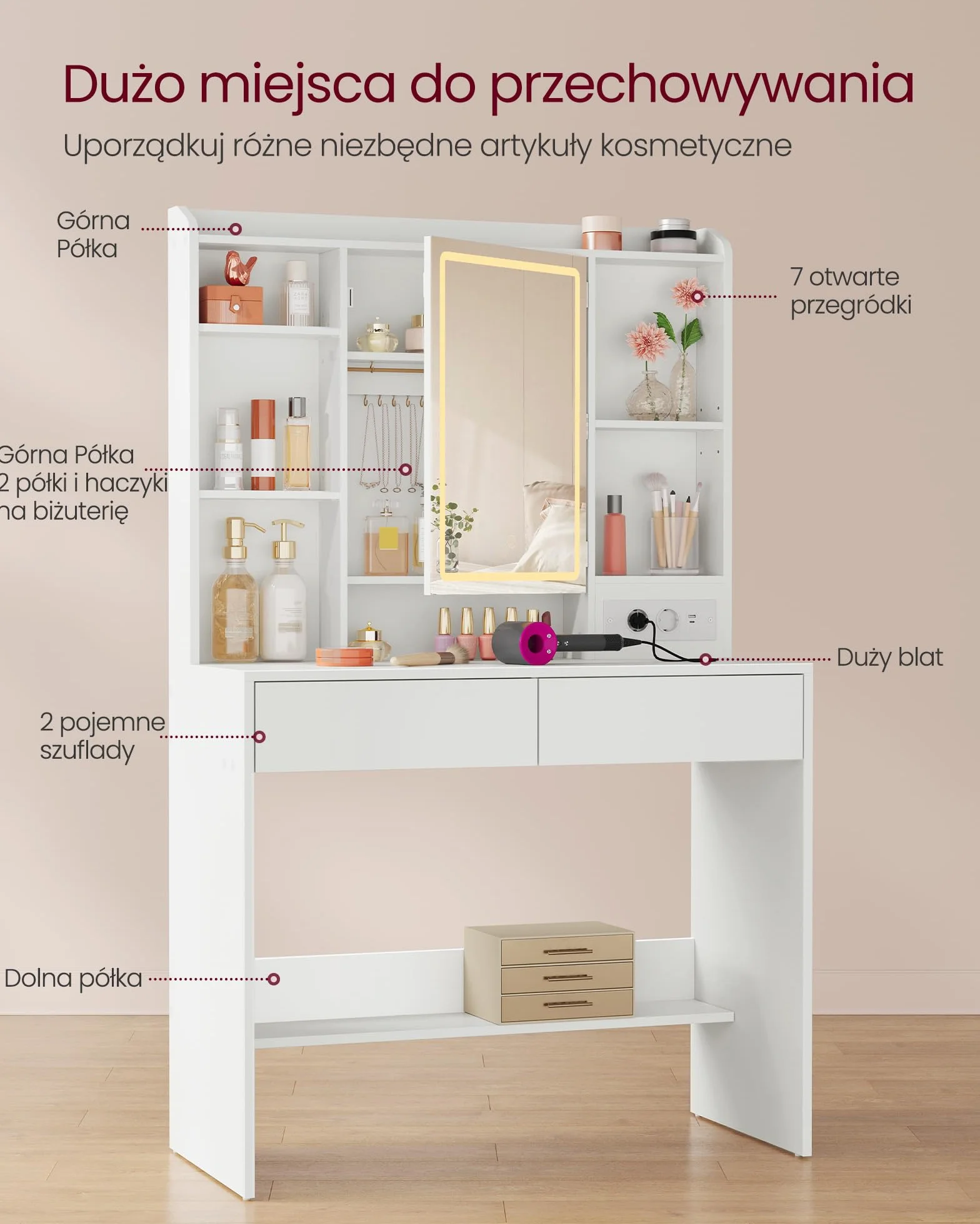 VASAGLE Kailyn Toaletka z lustrem LED, regulowana jasność, biała, duża, z szufladami