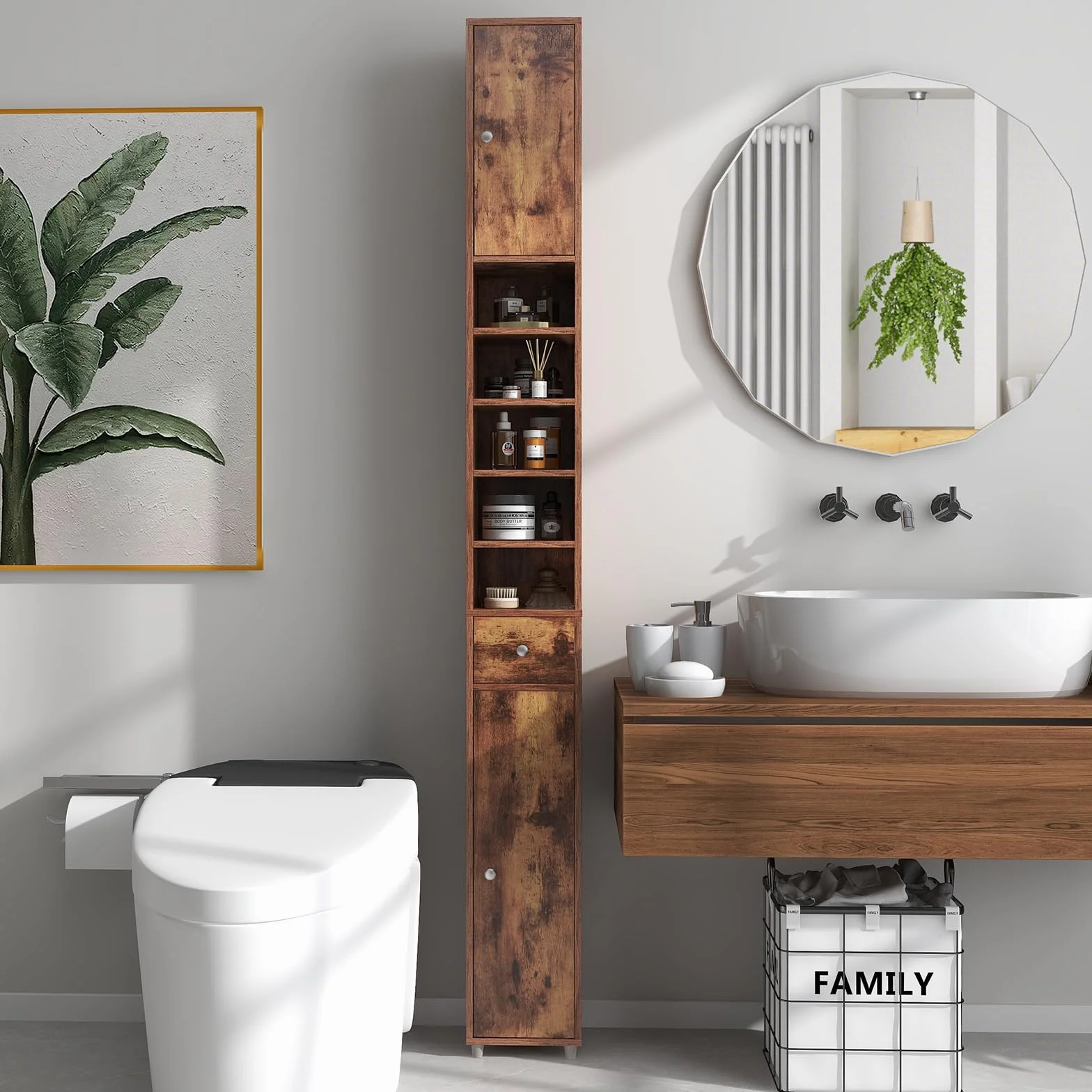 COSTWAY Szafka łazienkowa wysoka wąska z 2 drzwiczkami 1 szufladą regał 20x20x180 cm brązowy
