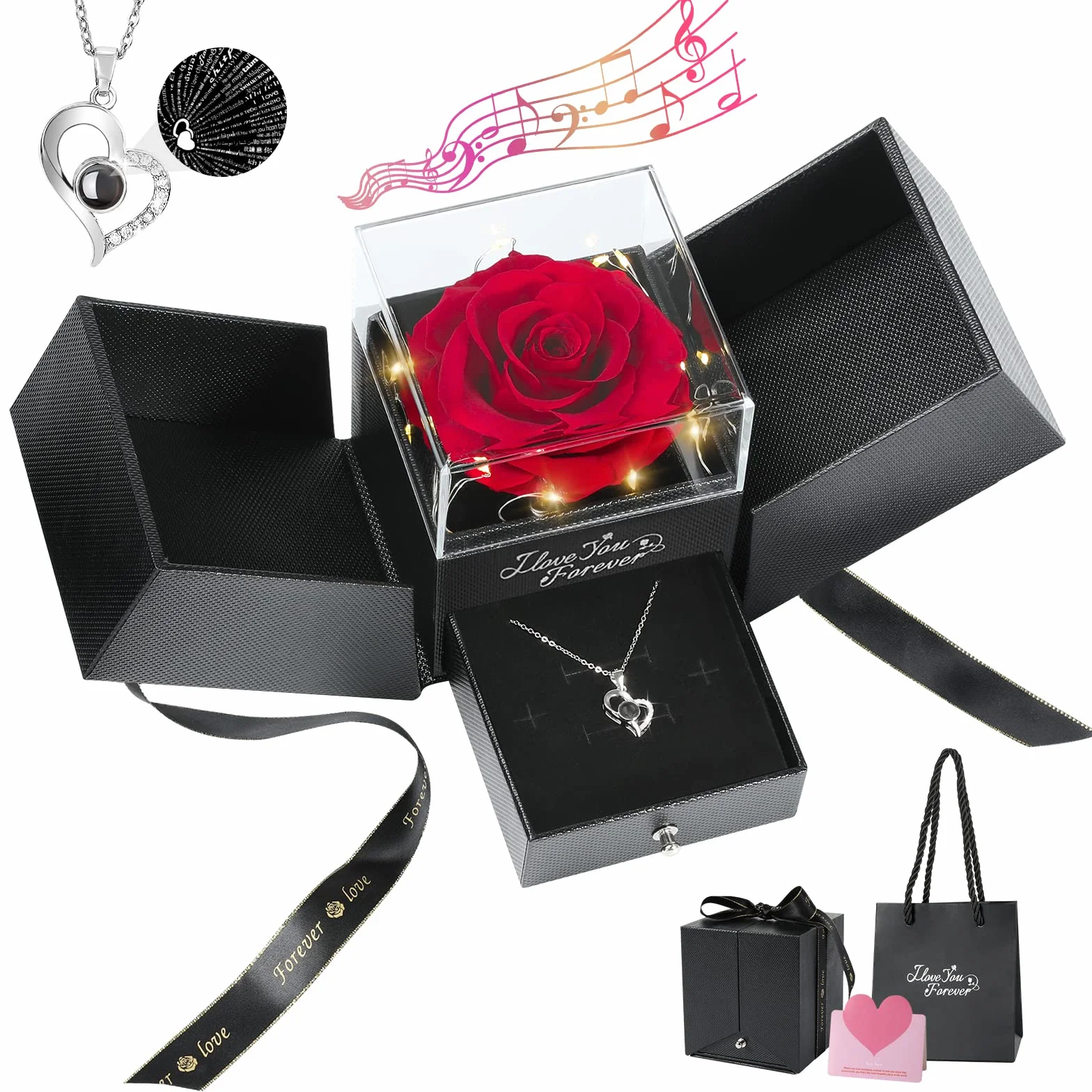 Emibele Preserved Real Rose S925 Sterling Silver Necklace I Love You 100 Languages Eternal Rose Box Music Lights Romantic Birthday Gifts Women