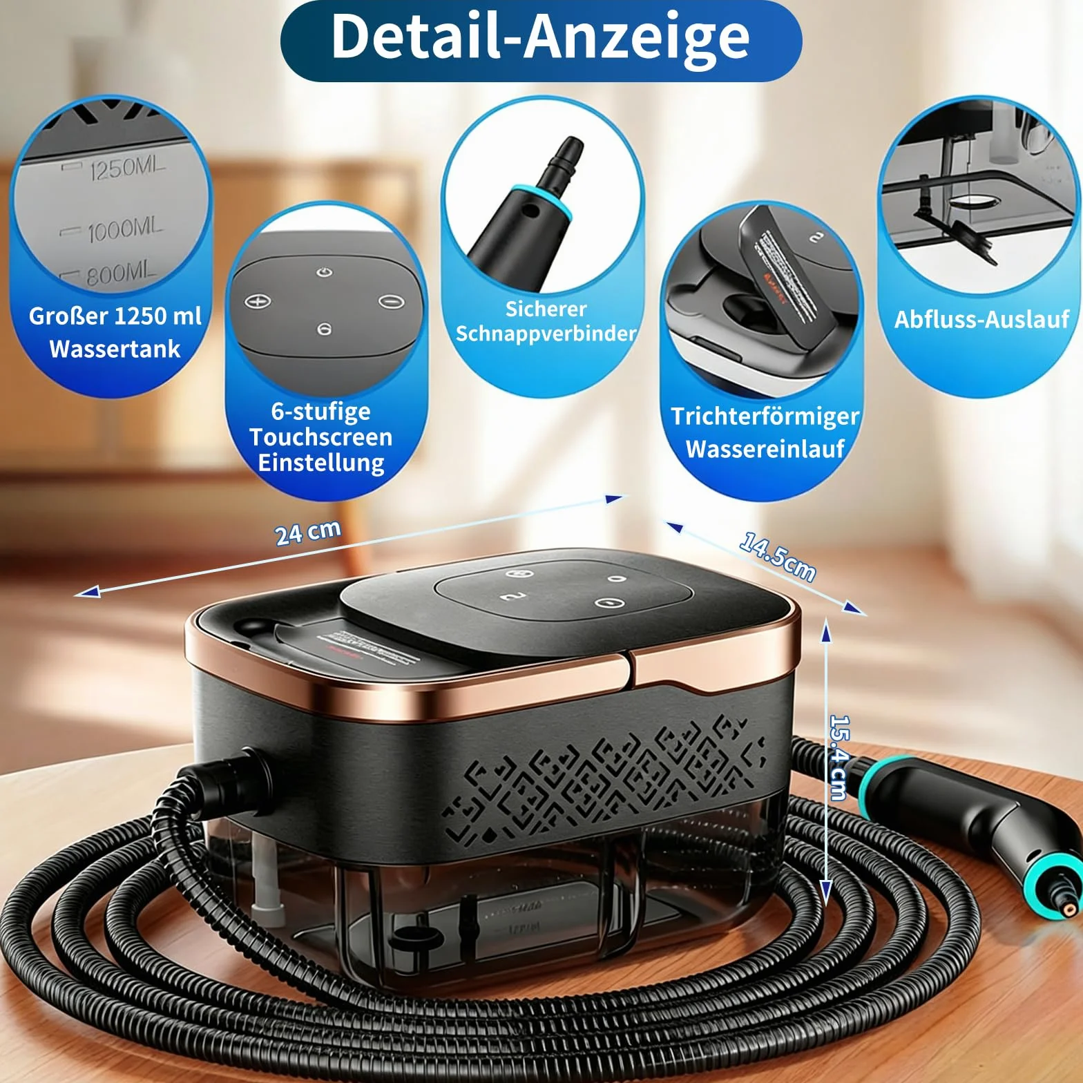 Myjka parowa, 2500W Ręczna Myjka Parowa z 6 Prędkościami Regulacji, 8 Rodzajów Dysz, 1250ml Zbiornik, 15 s Czas Podgrzewania Przenośna Myjka Parowa Wysokociśnieniowa do Samochodu Domu Biura (Zwart 2)