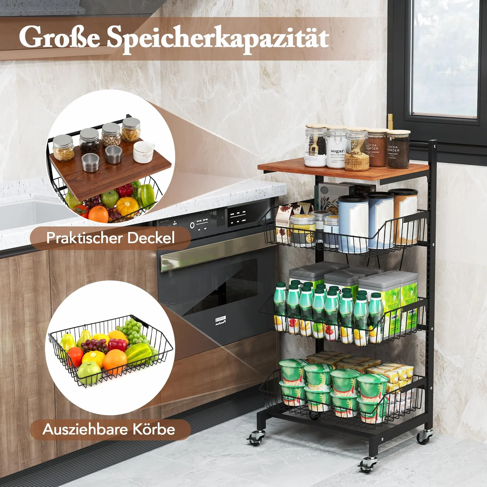 COSTWAY Wózek serwujący na rolkach, regał na warzywa z wysuwanymi koszykami i drewnianą płytą, regulowany w wysokości, wózek na 4 półki, wózek kuchenny na owoce i warzywa, wózek na owoce i warzywa do