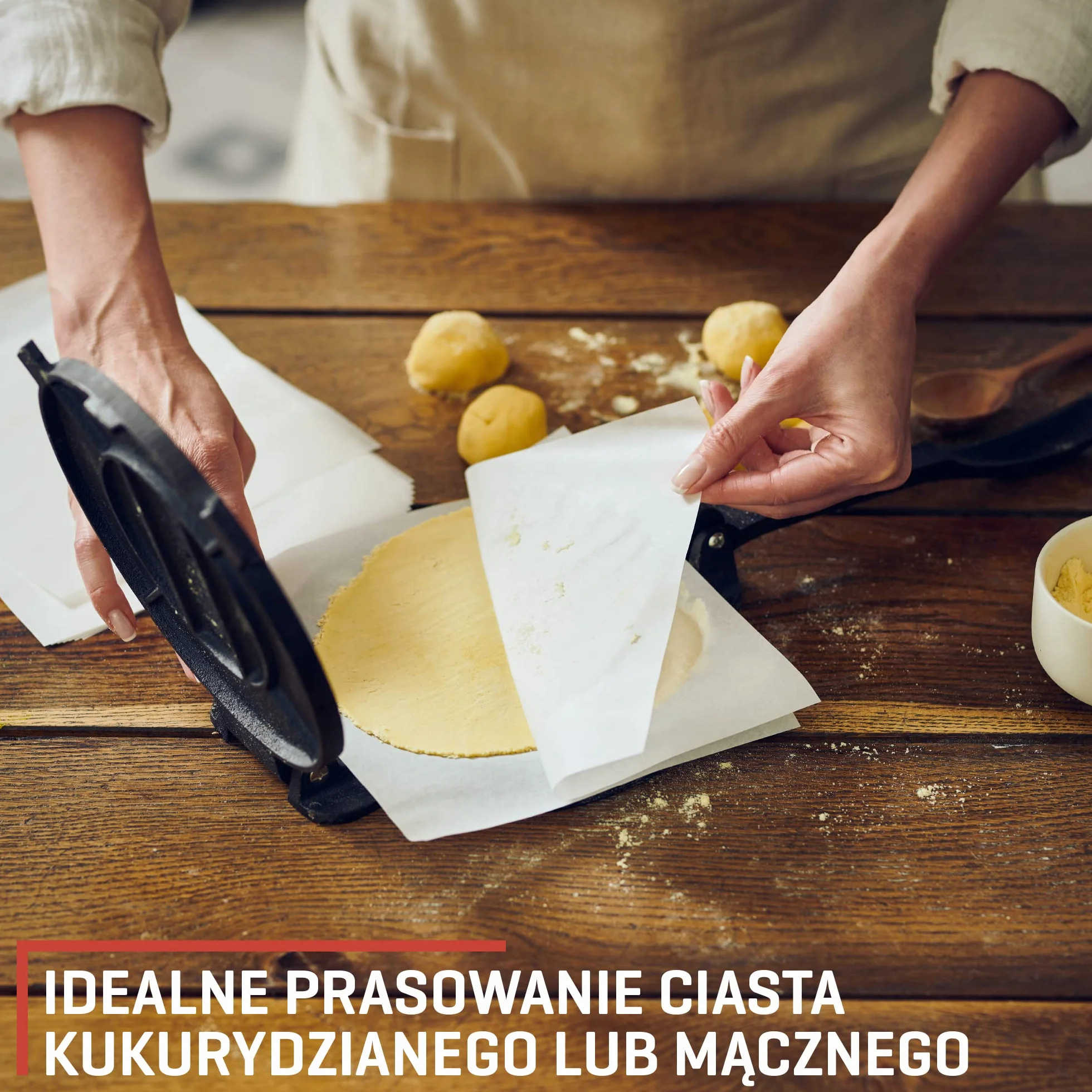 Uno Casa Żeliwna prasa do tortilli 20 cm sezonowana + 100 arkuszy papieru