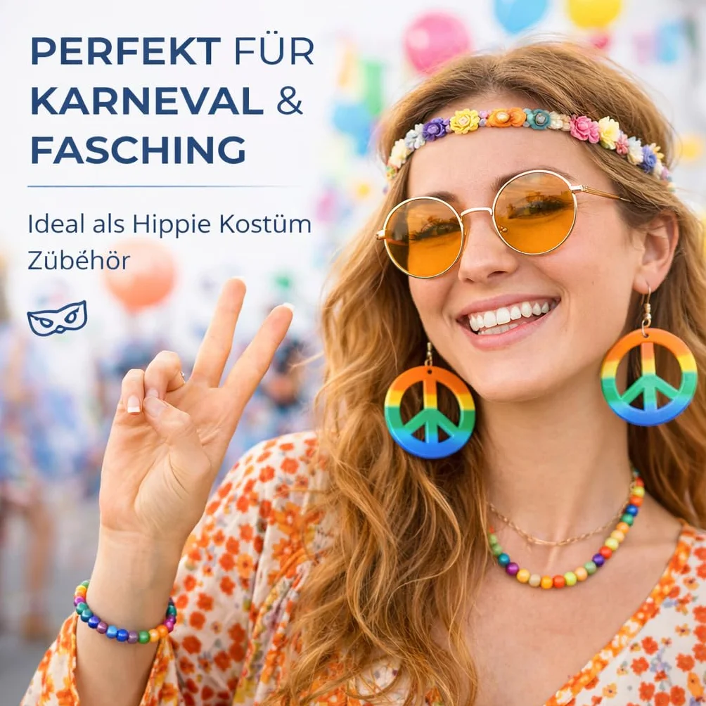 TK Gruppe Timo Klingler Kolczyki Hippie Peace – tęczowy wisiorek do kostiumu na karnawał, jako dodatek do kostiumu - pierścionki biżuteria