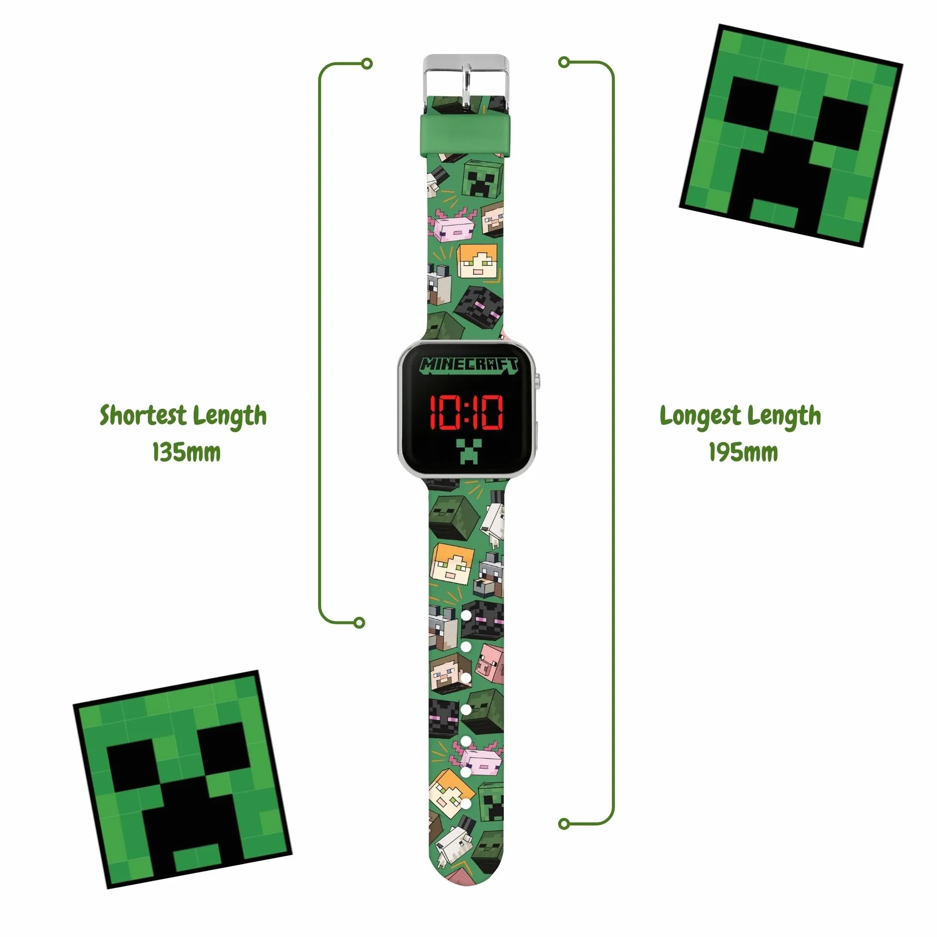 Minecraft Zielony pasek z nadrukiem LED zegarek MIN4230