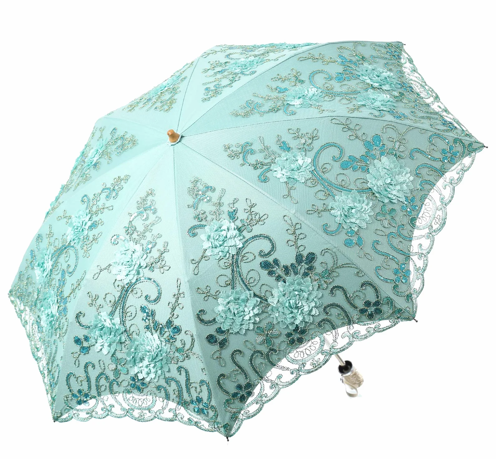 LCY Damski haftowany koronkowy dwupokładowy parasol chroniący przed promieniowaniem UV parasol przeciwsłoneczny / deszcz / śnieg składany parasol