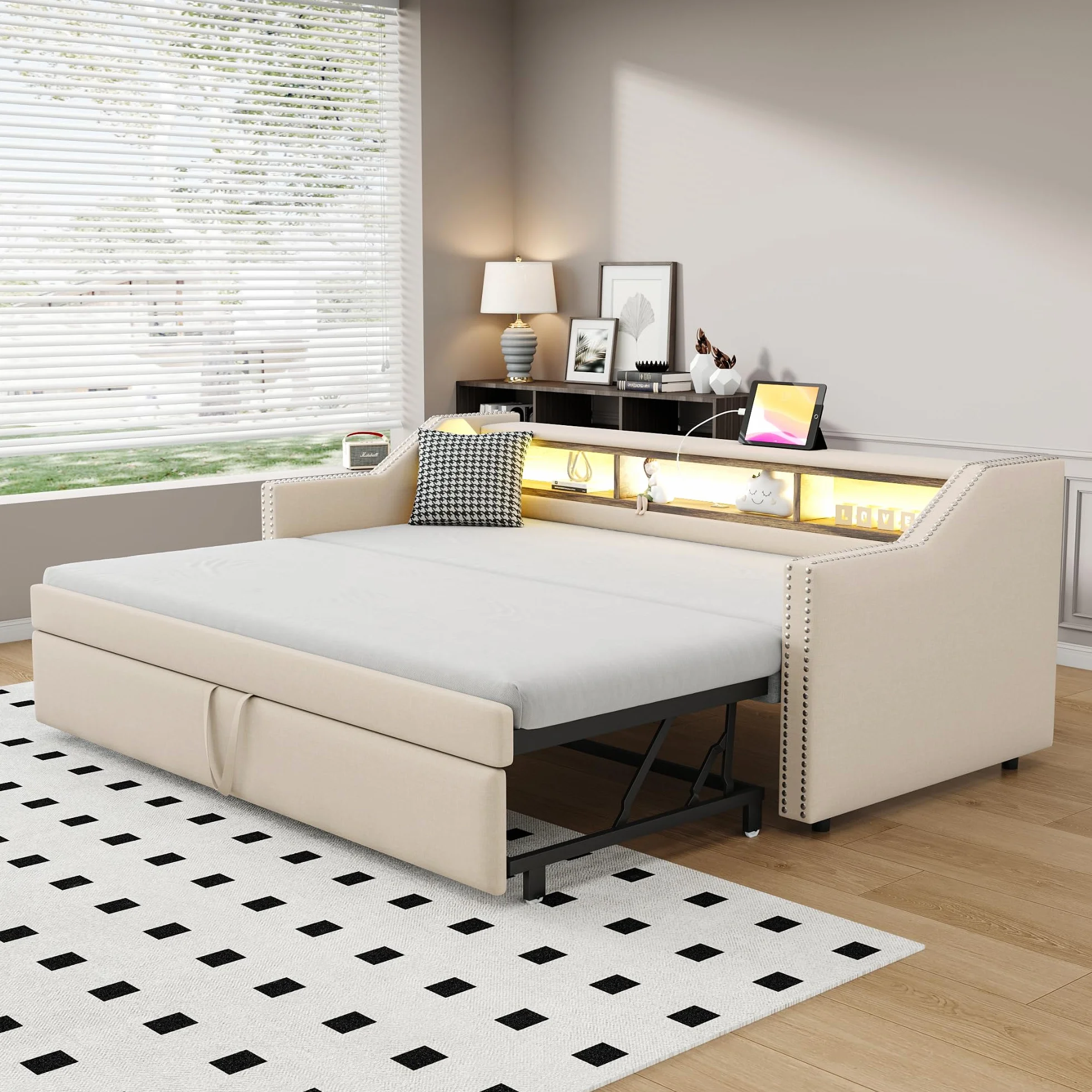 Łóżko dzienne 90/180 x 190 cm z łóżkiem dla gości, rozkładane na tę samą wysokość, sofa z funkcją spania dla 2 osób, len (beżowe)