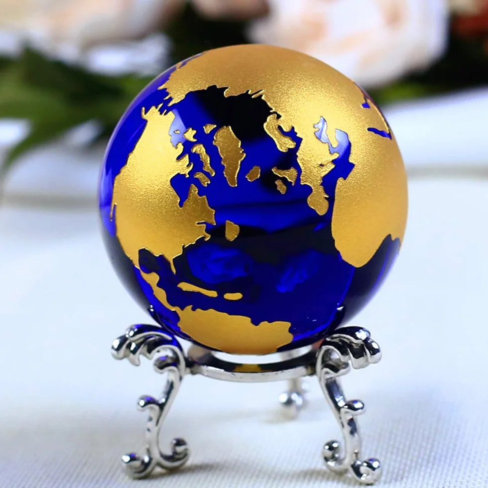 Kryształowa kula globus mapa świata feng shui kwarc ozdoba na biurko złoty