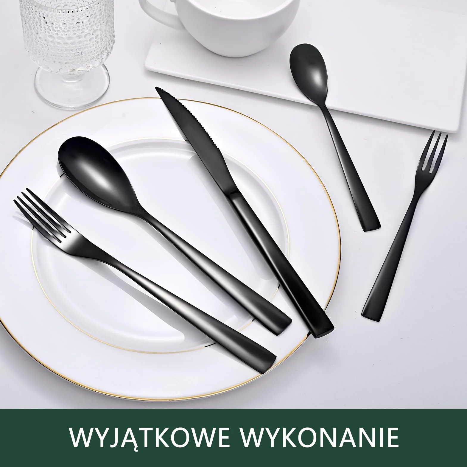 Otto Koning Berlin Black sztućce dla 4 osób, 20-częściowy zestaw sztućców, tytanowa czarna powłoka i polerowana stal nierdzewna, nowoczesne sztućce z nożem do steków dla 4 osób
