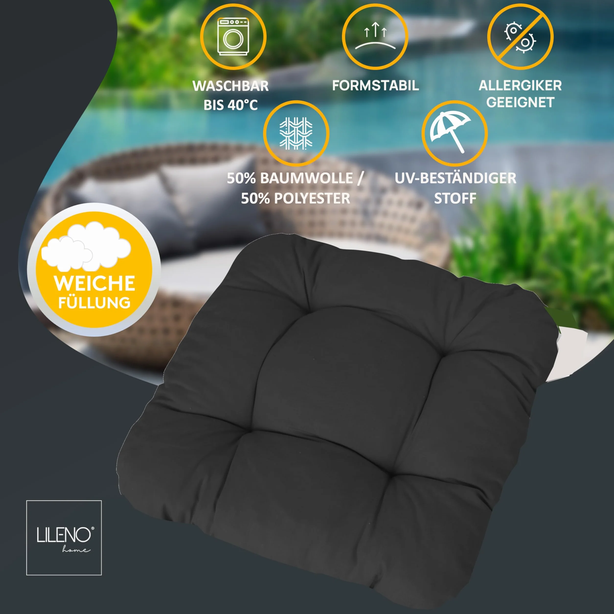 LILENO HOME Zestaw 4 poduszek na krzesło, czarne (38 x 38 x 8 cm) – poduszka do siedzenia na krzesło ogrodowe, do kuchni lub jadalni – wygodna, odporna na promieniowanie UV, do użytku wewnątrz i na