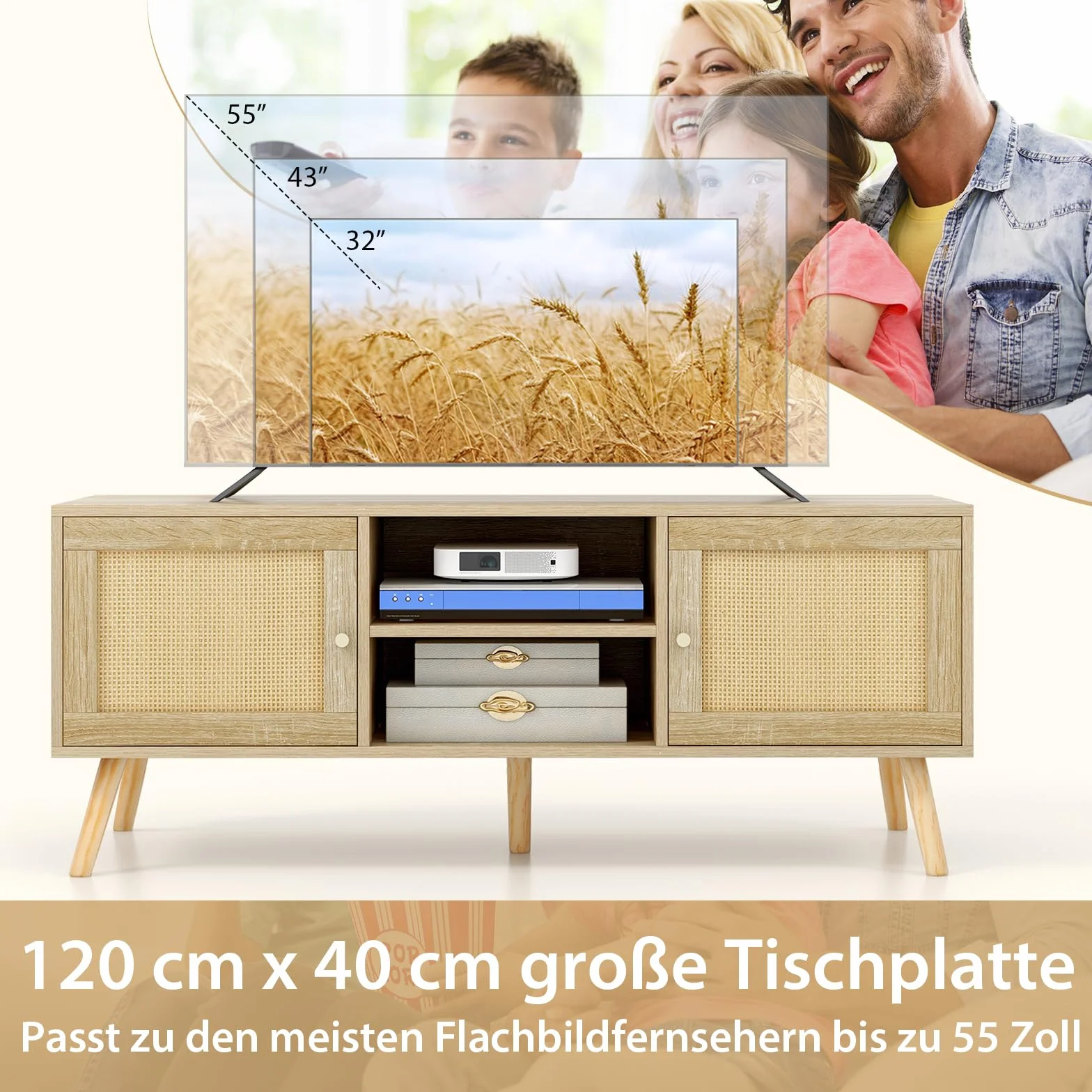 COSTWAY Szafka TV 120x40x48,5 cm niski stolik z ratanu 2 drzwi otwarte półki