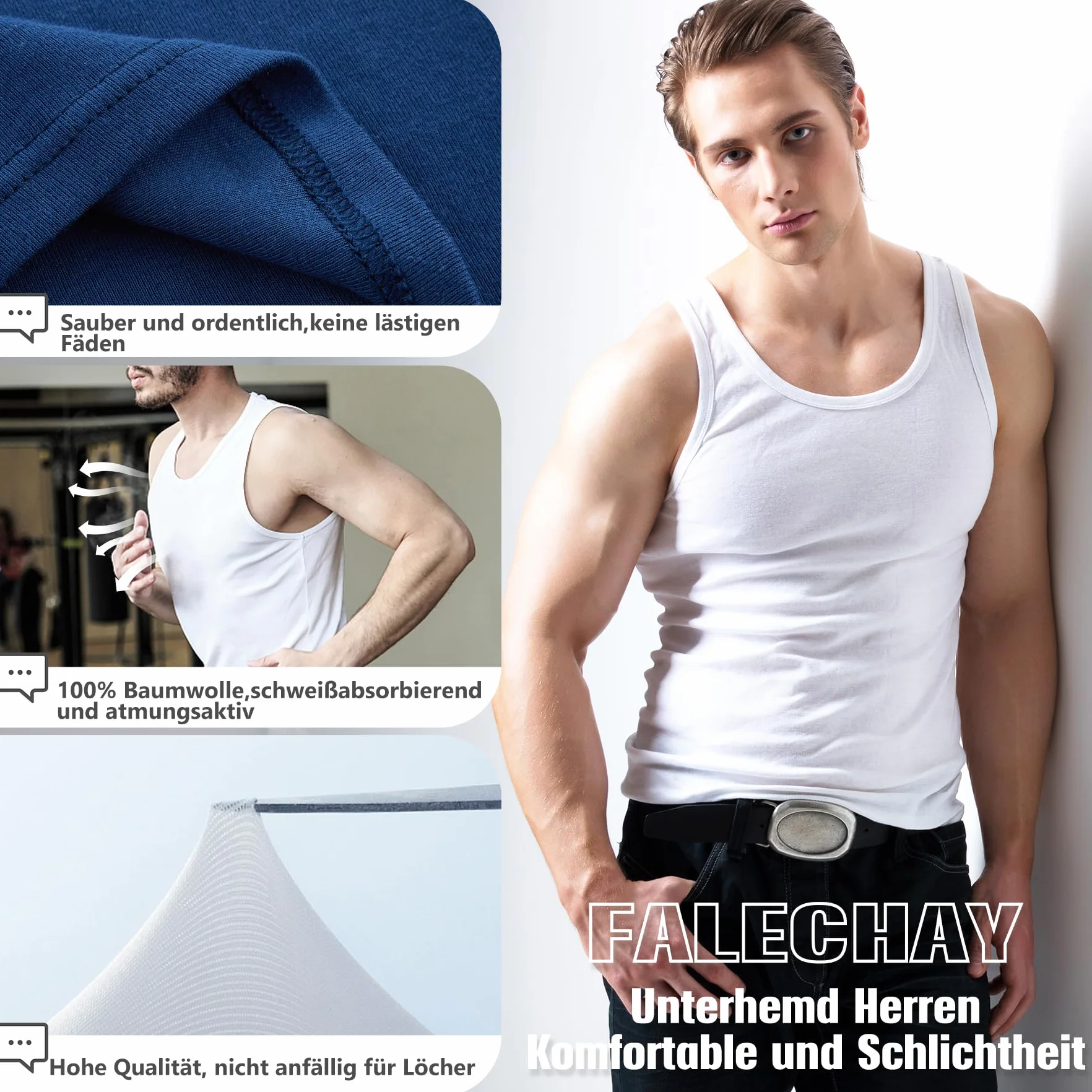 Falechay Podkoszulek Męski Tank Top 3/5-pack 100% Bawełna Koszulka Sportowa Męska