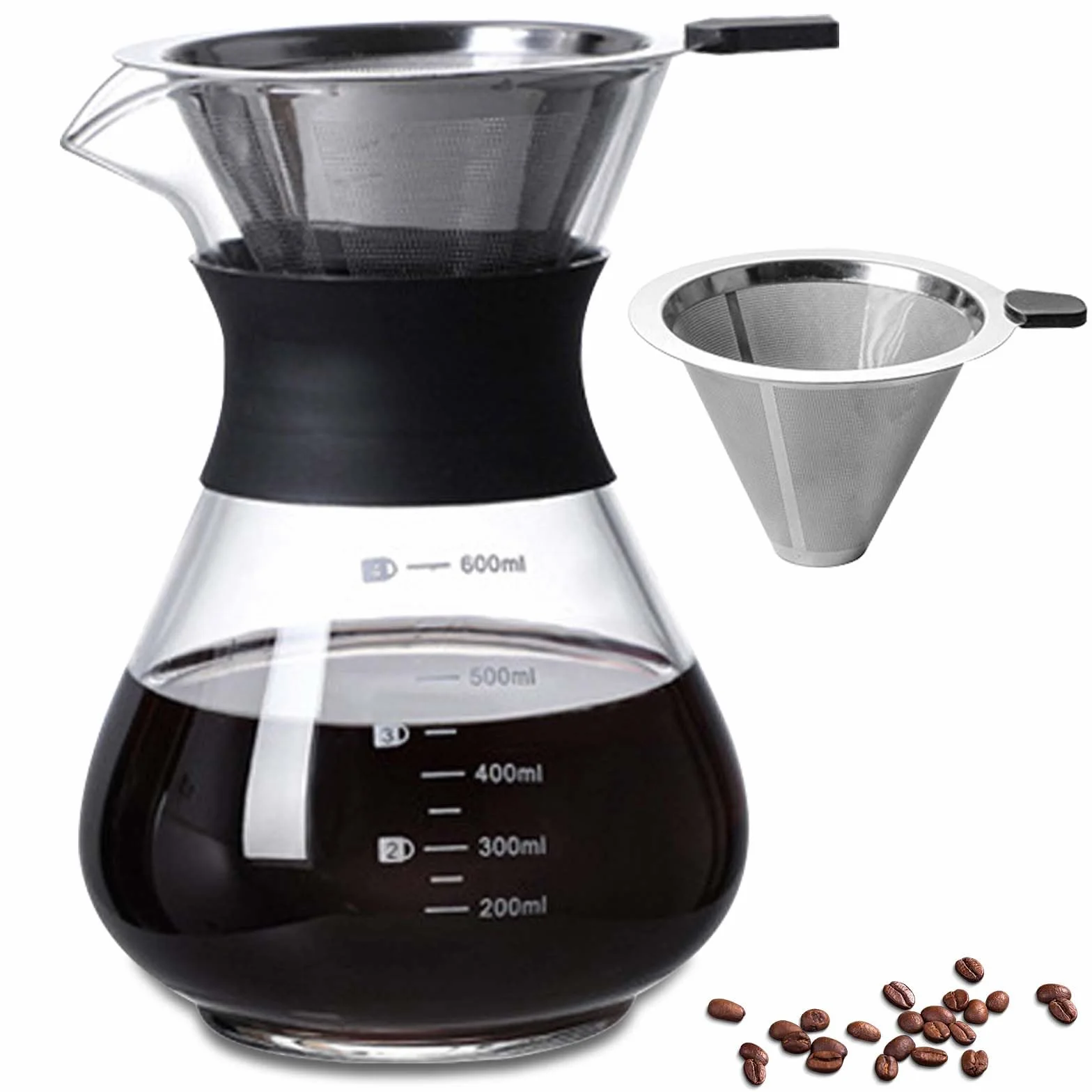 Pour Over zaparzacz do kawy 600 ml stal nierdzewna filtr ręczny szkło czarny