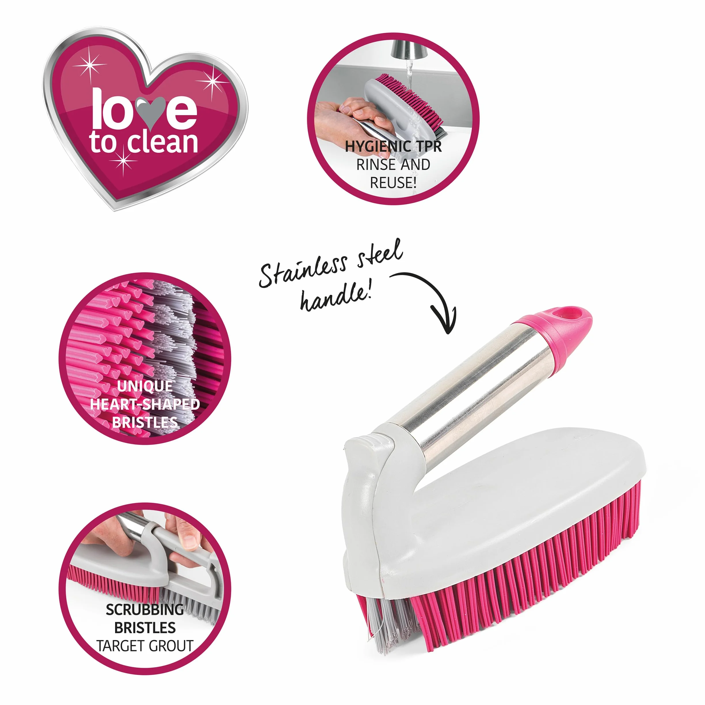 Kleeneze KL078957EU7 2 in 1 Rubber Head Scrubbing Brush, Carry Handle for Easy Use, Cleans Dishes/Pots Quickly, Pink/Grey