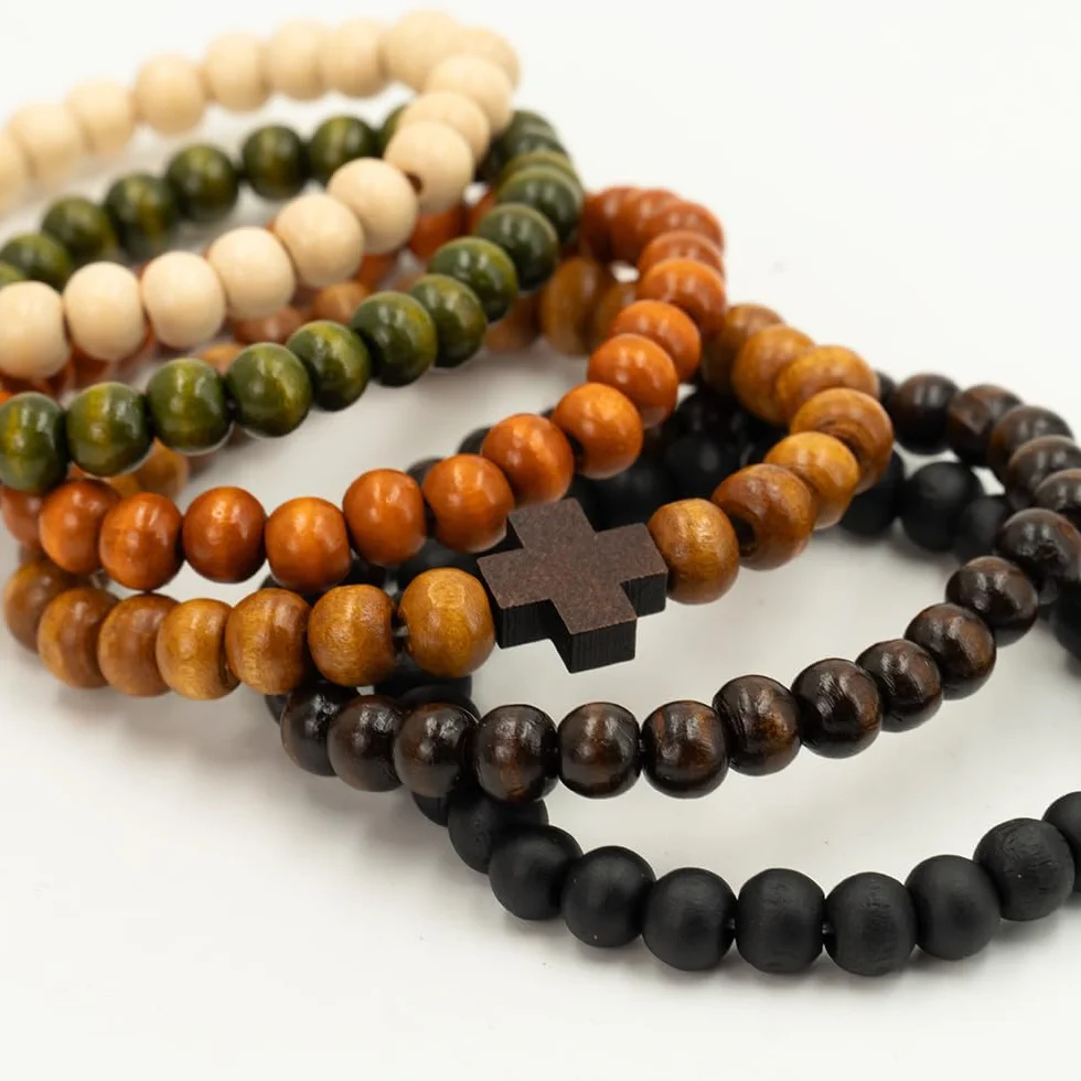 Zestaw 6 bransoletek z koralików drewnianych Stack, Cross Bangle - Bransoletki z koralików dla kobiet i mężczyzn, 8 mm okrągłe, elastyczne bransoletki z koralików, unisex, do jogi