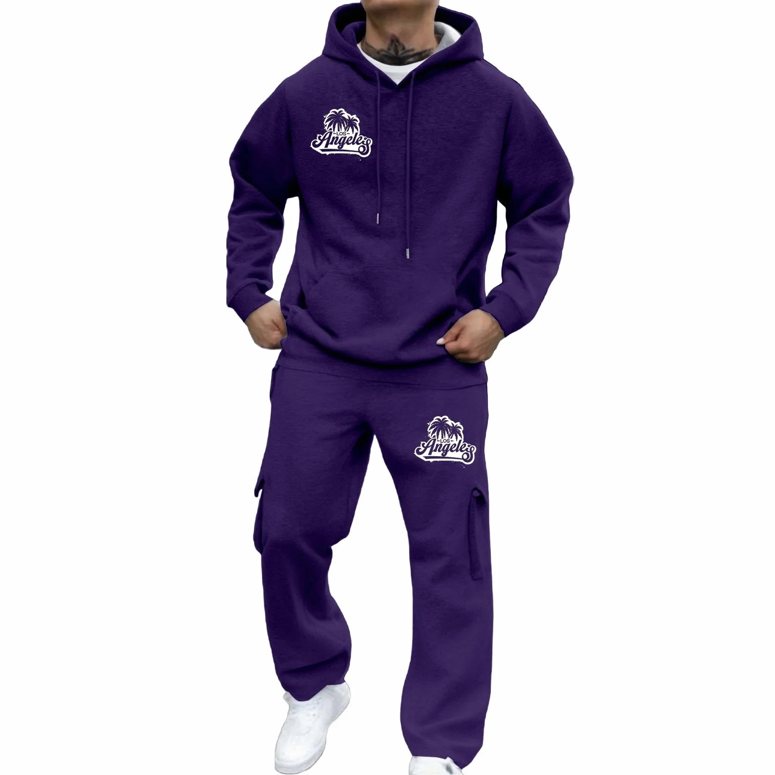 Generisch Męski dres do joggingu, bluza z kapturem, spodnie do biegania, jednokolorowy, dres treningowy, strój rekreacyjny, przewiewna bawełna, ciepła bawełna Y2K, kieszenie, kaptur, zestaw dresowy