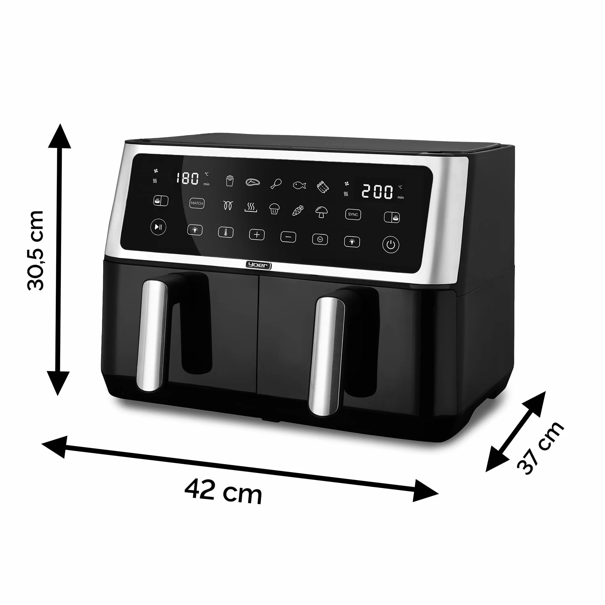 Yoer Frytkownica beztłuszczowa 10L, Airfryer, 6w1, 2850W, 2 niezależne komory, Nieprzywierająca powłoka, 10 automatycznych programów, Możliwość mycia misy w zmywarce, DualCrisp AF02BK, czarna