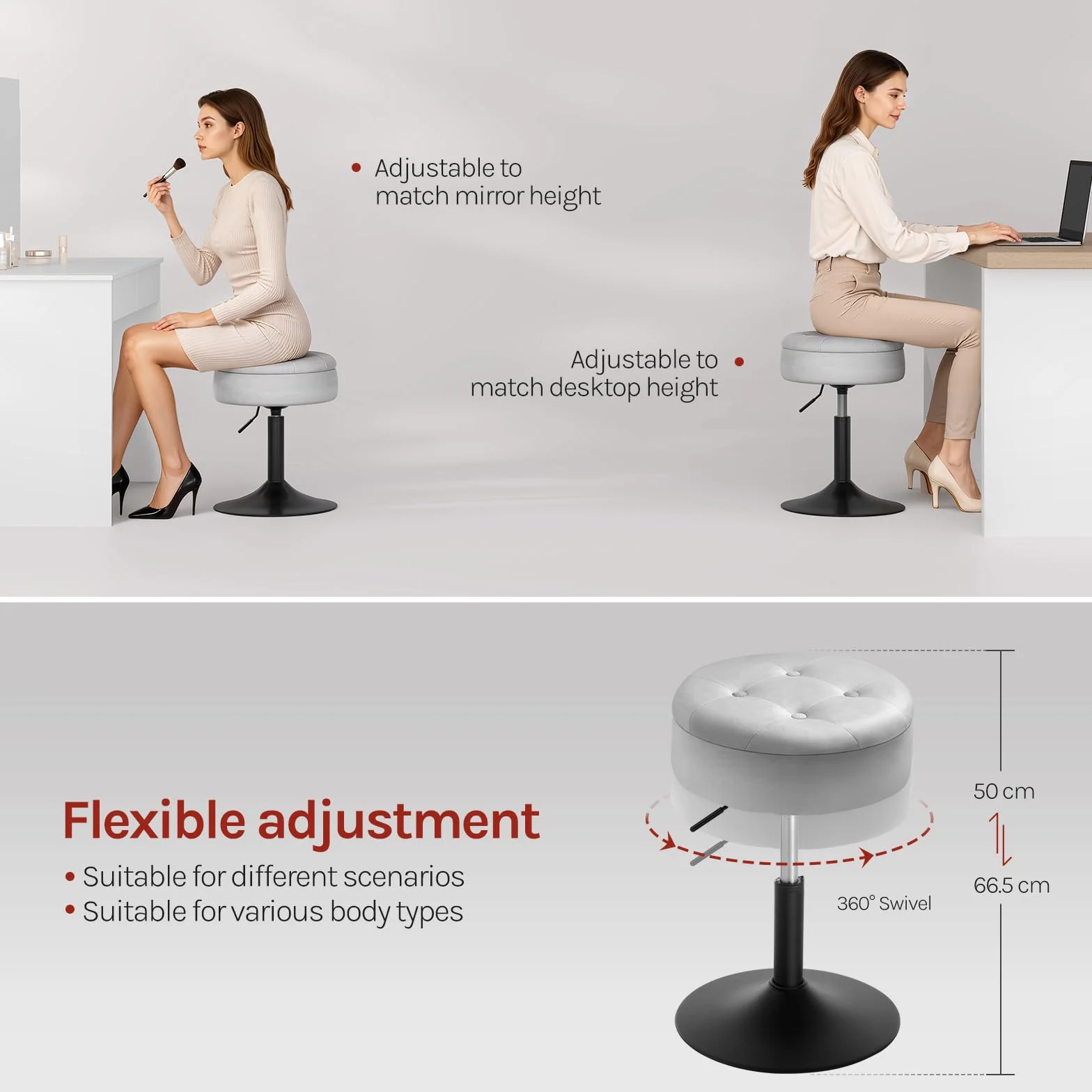 WOLTU Taboret obrotowy 360° aksamitny z przechowywaniem regulowany 49,5-65cm jasnoszary