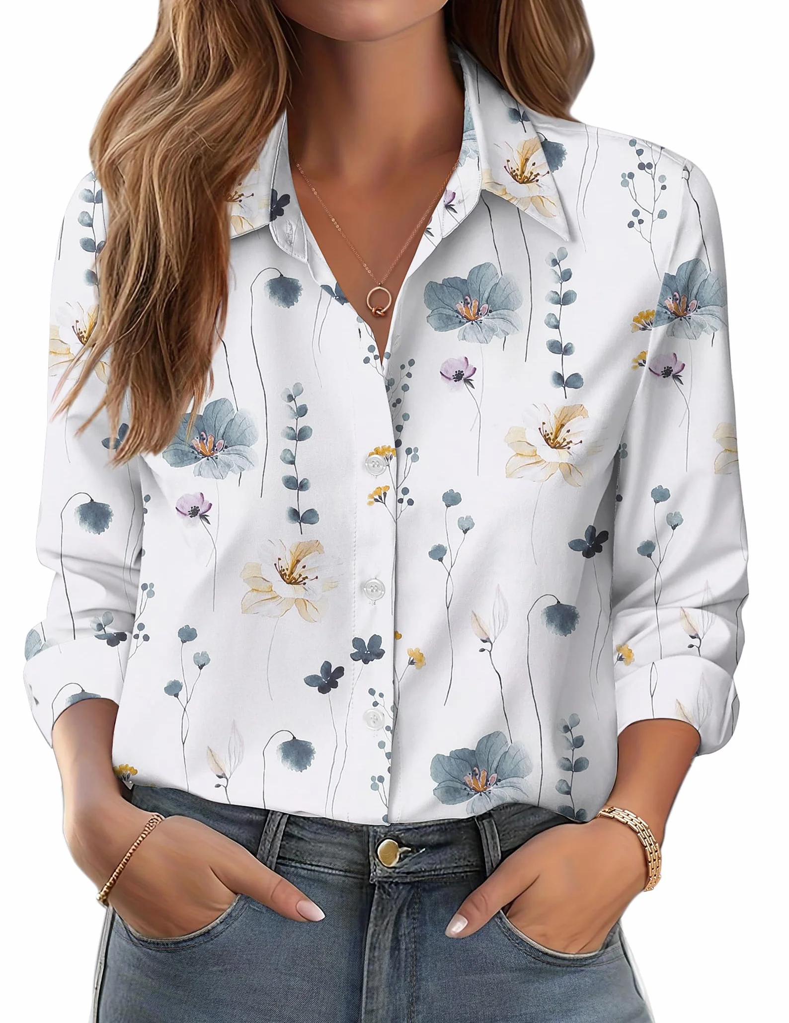 Zeagoo Bluzka damska, elegancka, kolorowa, z długim rękawem, kwiatowa, na guziki, na wiosnę, lato, bussiness blouse, basic, bez prasowania, górna część