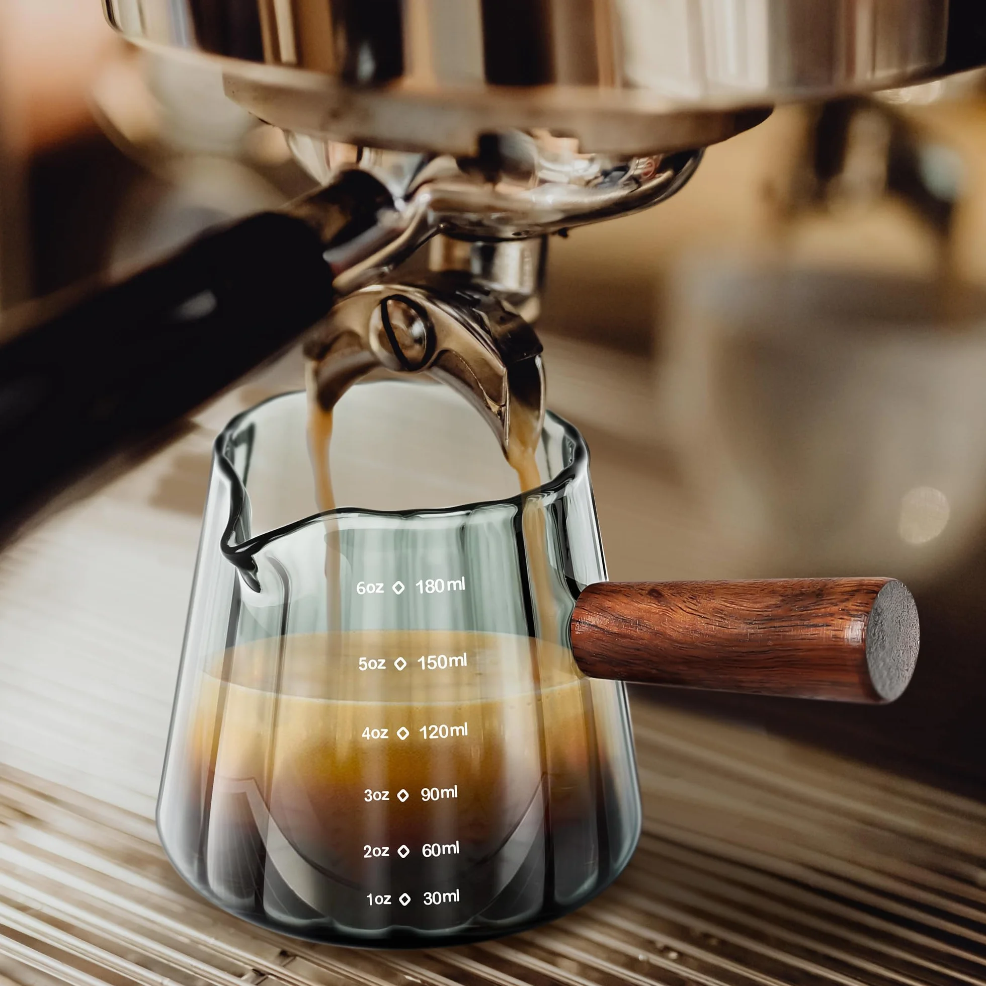Joeyan Filiżanka do espresso z drewnianym uchwytem 180 ml, kieliszek do espresso, małe kubki do kawy z otworem V, szary