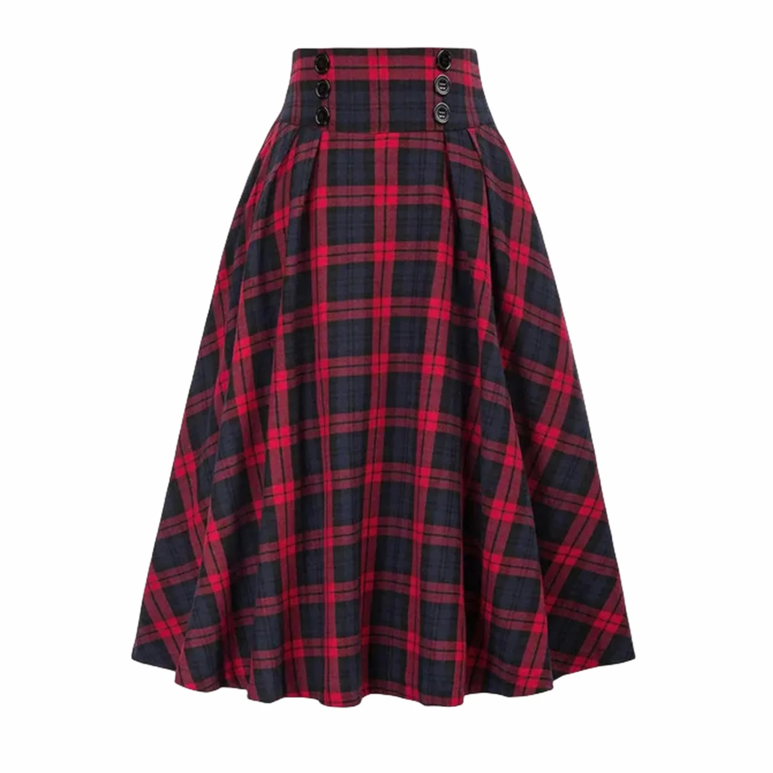 MdybF Czarna spódnica damska plisowana spódnica w kratę jesień zima wysoka talia styl preppy spódnice midi guzik dekoracja spódnica