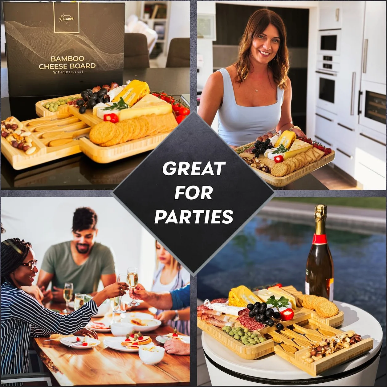 Bambusowa deska do sera z zestawem noży, drewno ekologiczne, taca do serwowania